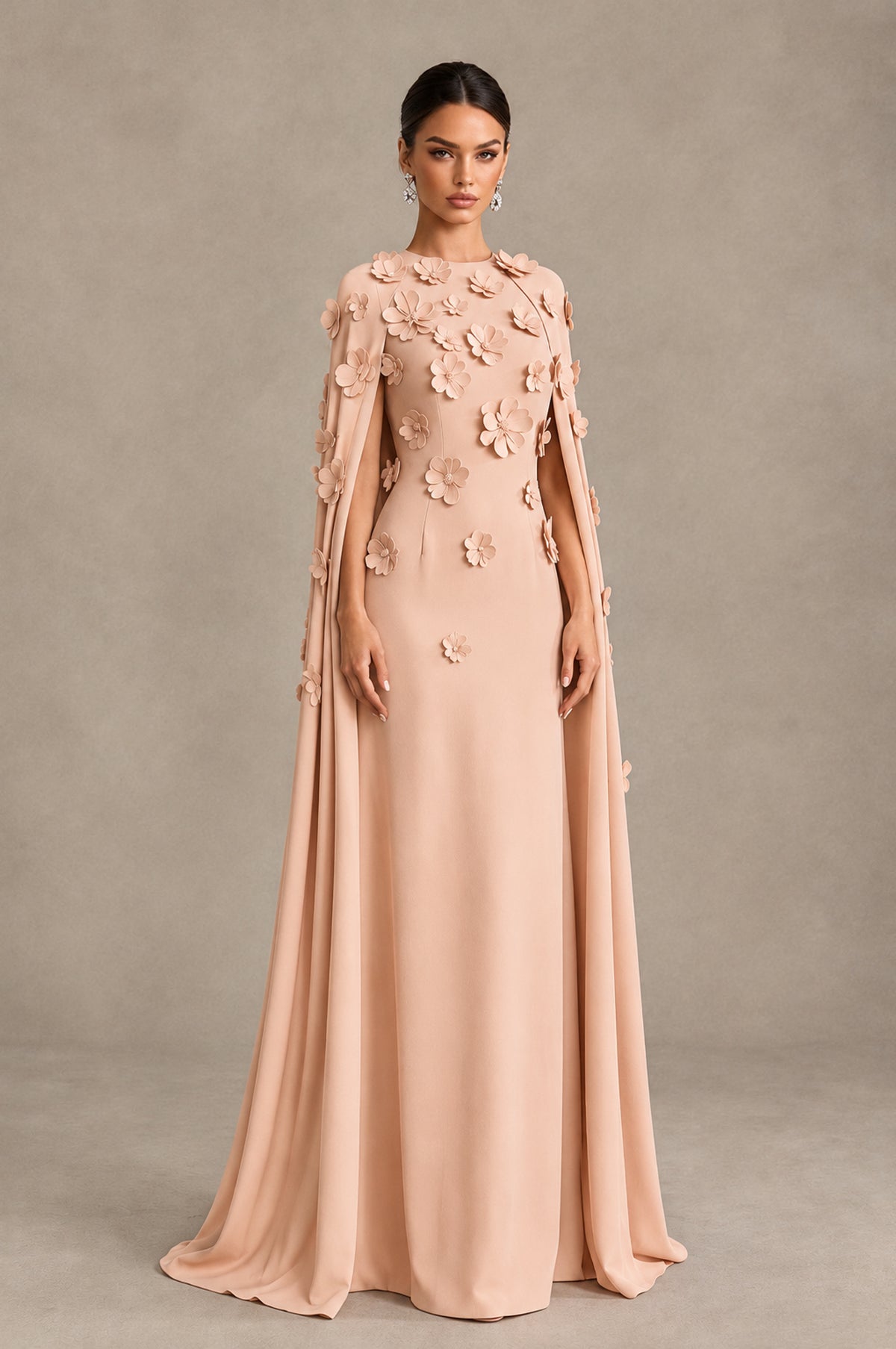 BOLODOO Rose Gold 3D Floral Applique Cape Formal Dress - Rose Gold - Rose_Gold_3