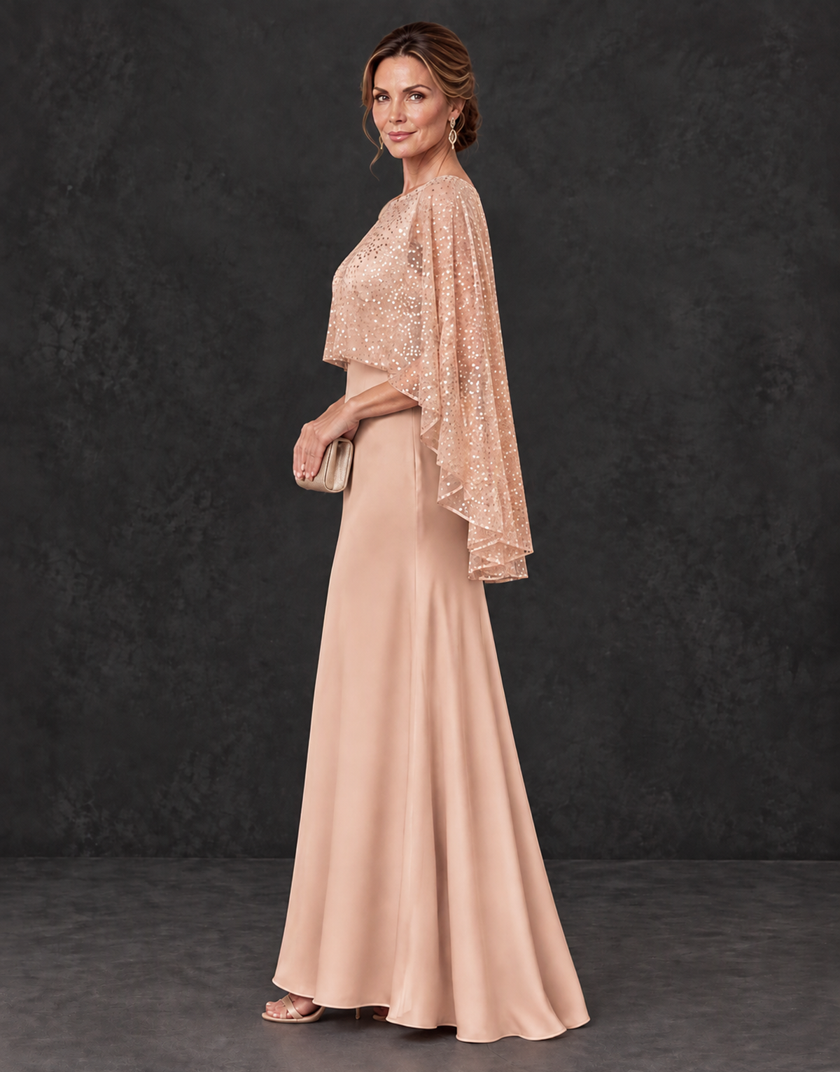 BOLODOO Rose Gold Sparkle Cape Sleeve Mother of the Bride Dress - Rose Gold - Rose_Gold_3