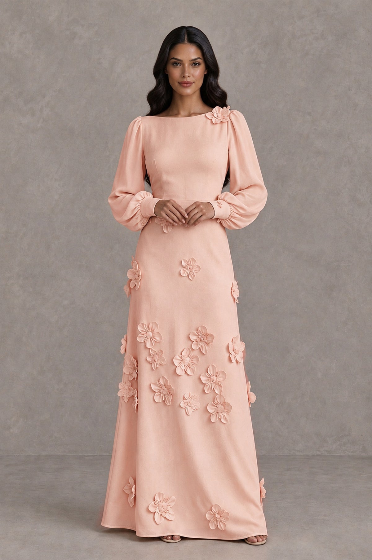 BOLODOO Rose Gold Long Sleeve Floral Applique A-Line Evening Dress - Rose Gold - Rose Gold_3