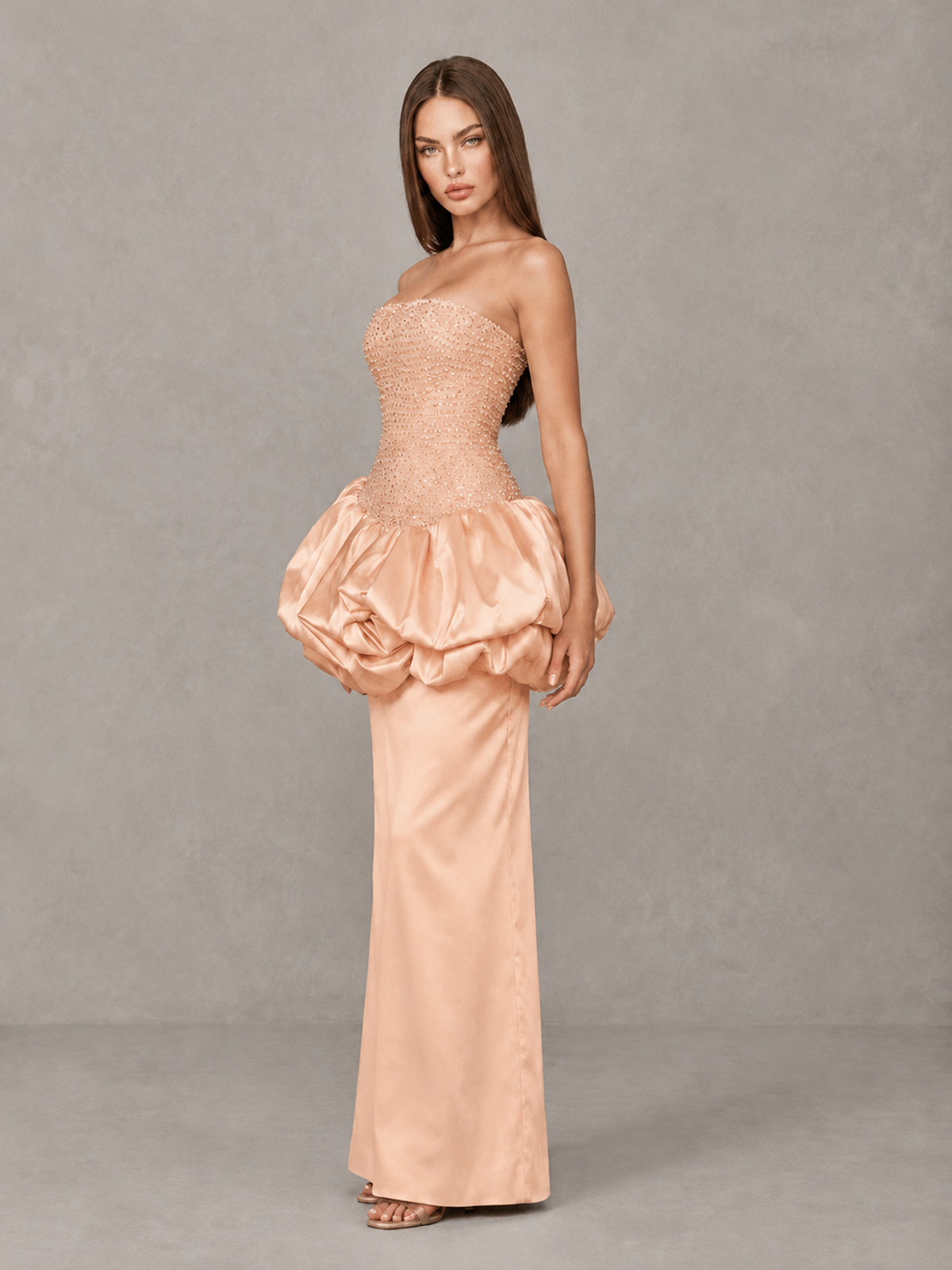 BOLODOO Rose Gold Strapless Embellished Bubble Peplum Evening Dress - Rose Gold - Rose Gold_3
