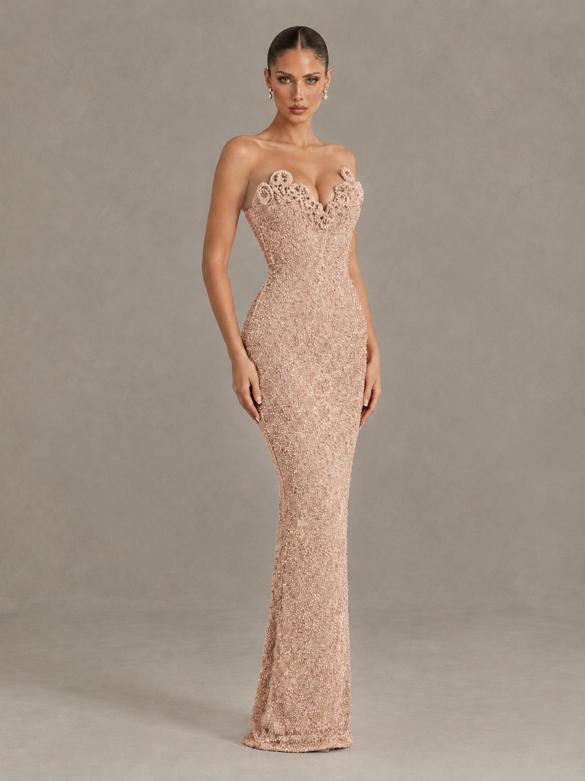 BOLODOO Rose Gold Strapless Sequin Evening Gown with Floral Neckline - Rose Gold - Rose Gold_3