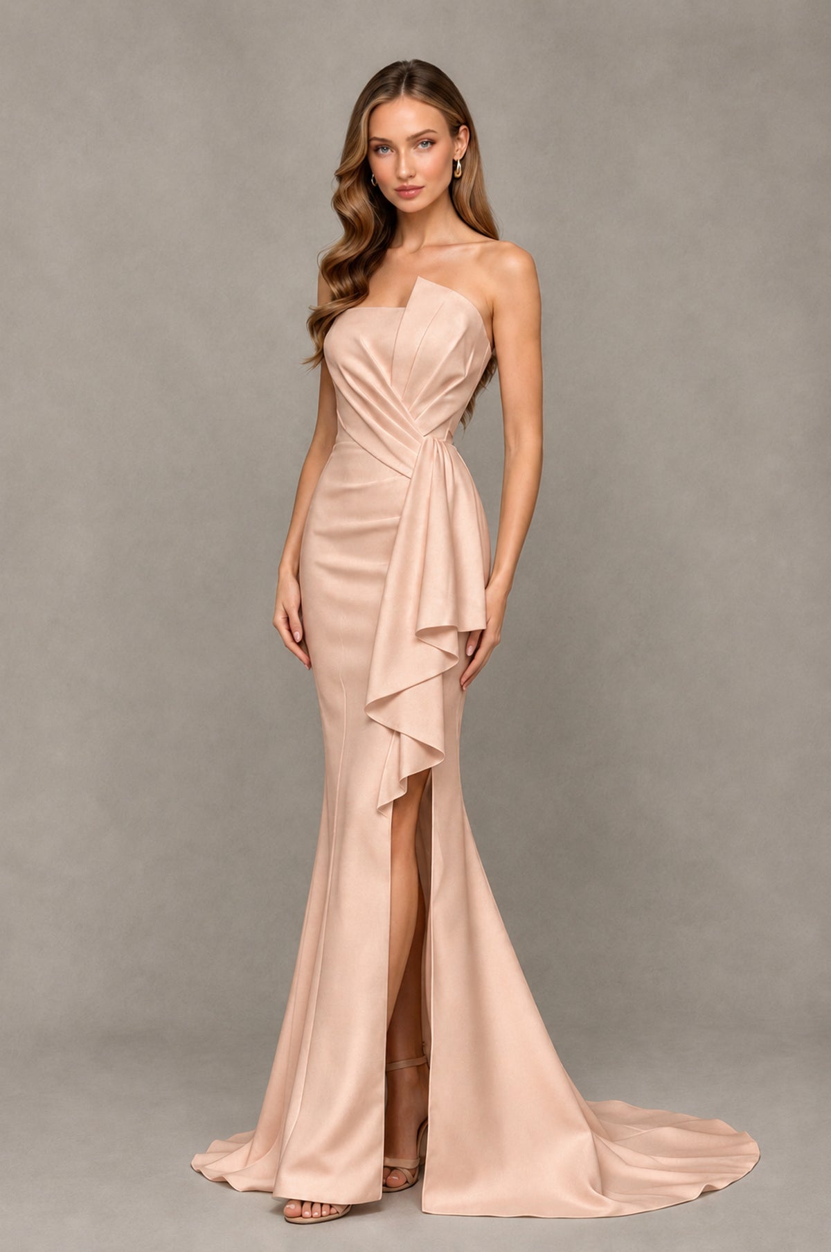 BOLODOO Rose Gold Strapless Mermaid Evening Dress with Ruffle Slit and Train - Rose Gold - Rose Gold_3