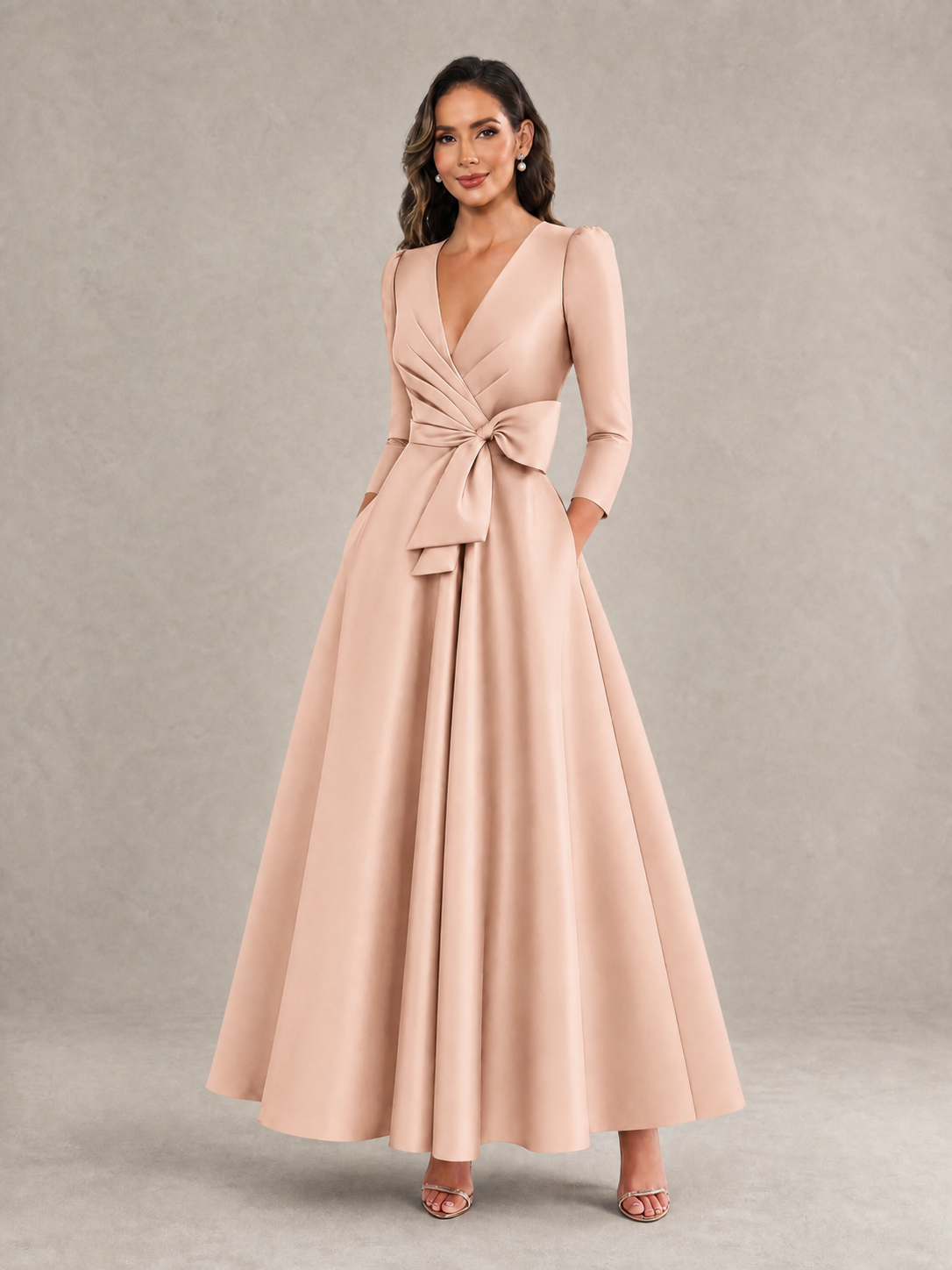 BOLODOO Rose Gold Satin Deep V-Neck Wrap 3/4 Puff Sleeve A-Line Ball Gown Maxi Dress with Oversized Bow Belt - Rose Gold