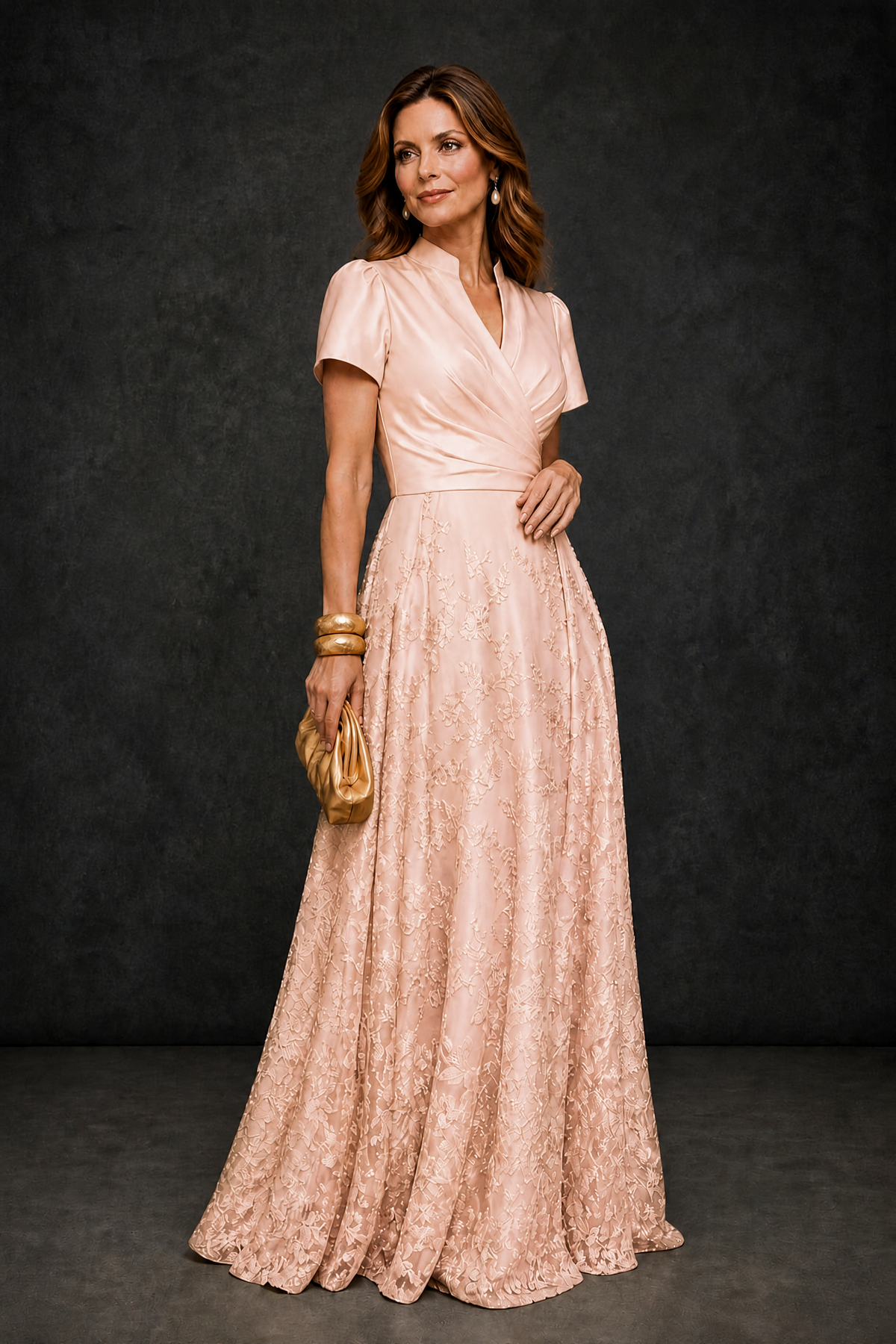 BOLODOO Rose Gold Satin Wrap V-Neck Short Sleeve Lace Glitter A-Line Floor Length Evening Gown – Formal Dress - Rose Gold