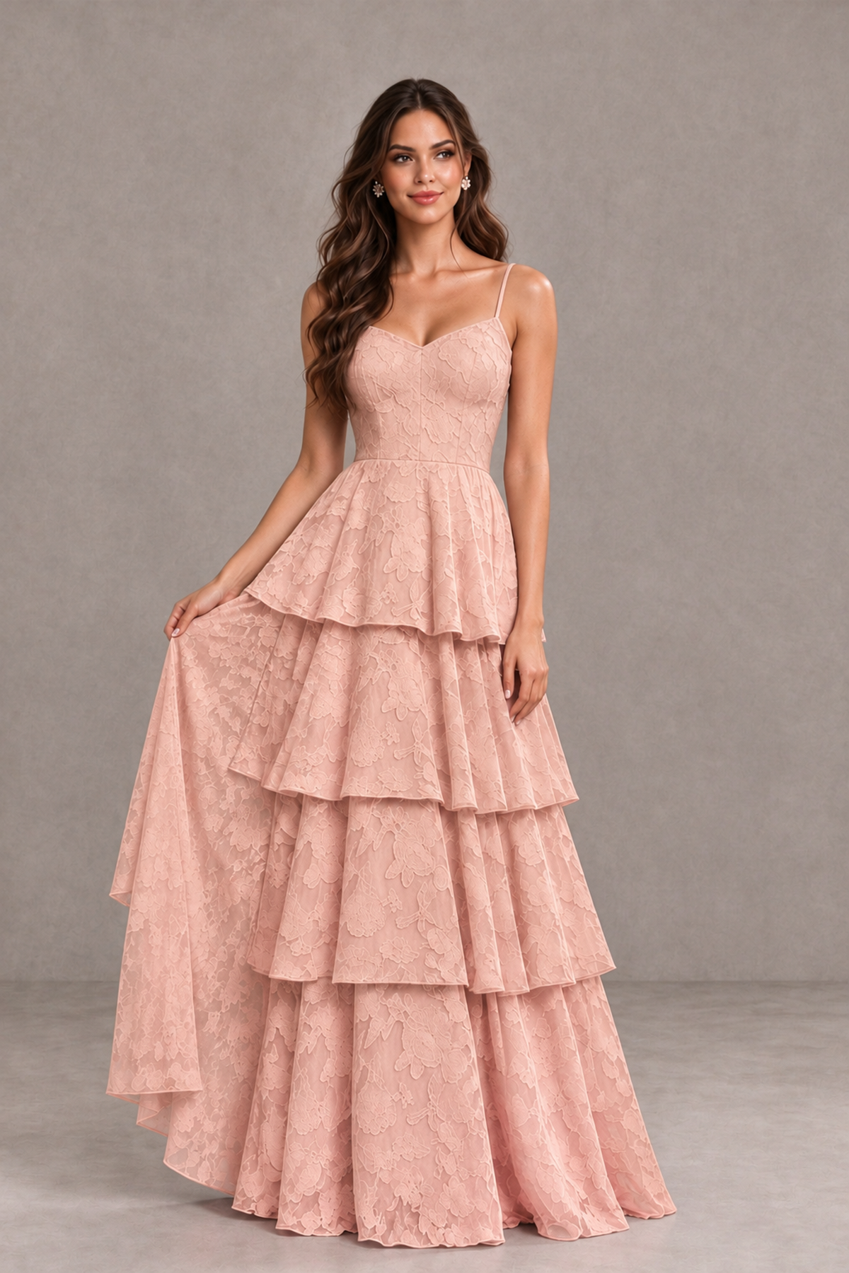 BOLODOO Rose Gold Tiered Floral-Textured Spaghetti Strap Maxi Dress - Rose Gold - Rose Gold_3