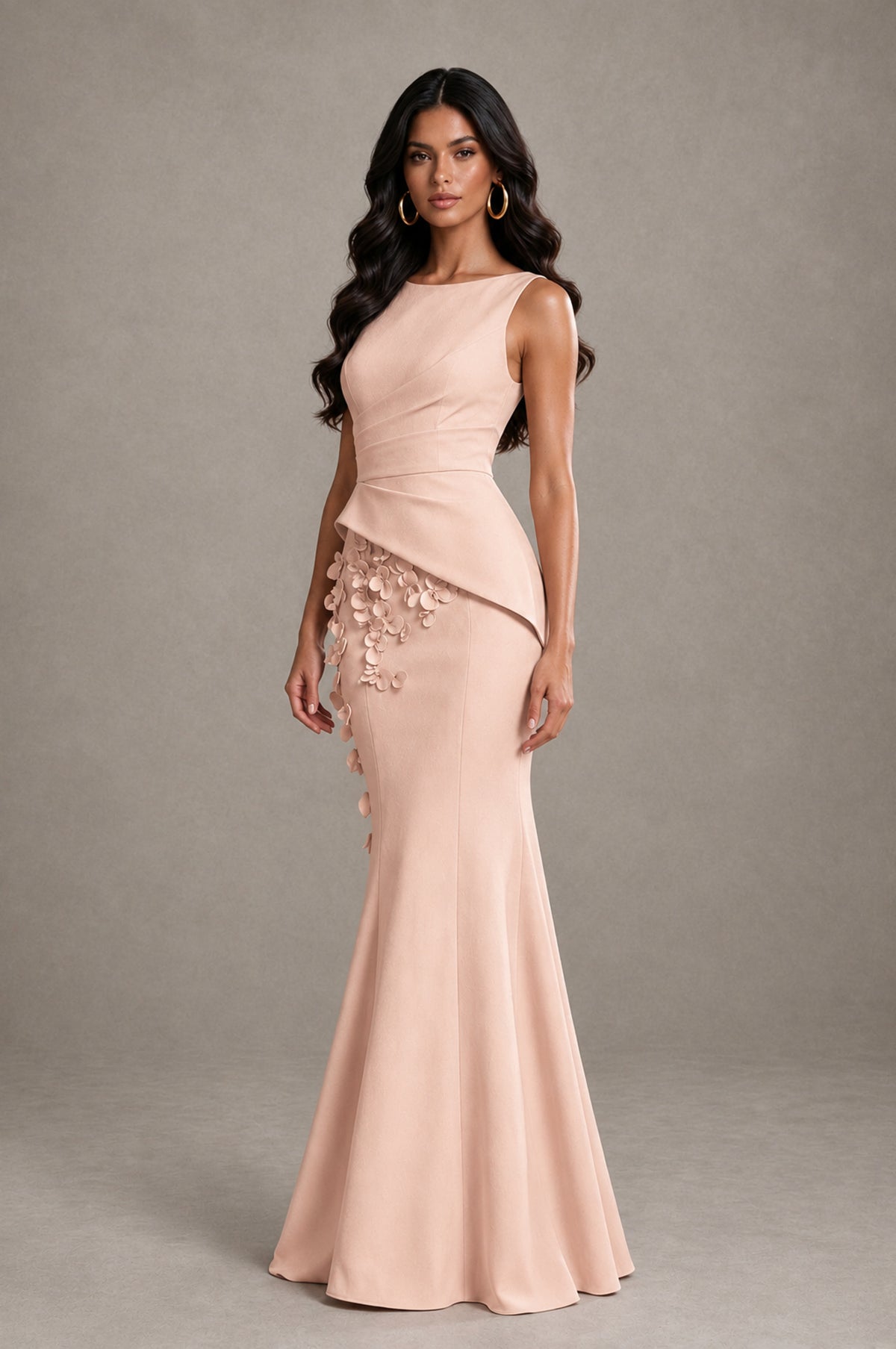 BOLODOO Rose Gold Bateau Neck Sleeveless Asymmetric Peplum 3D Petal Appliqué Mermaid Gown BD0421 - Rose Gold - Rose Gold_3