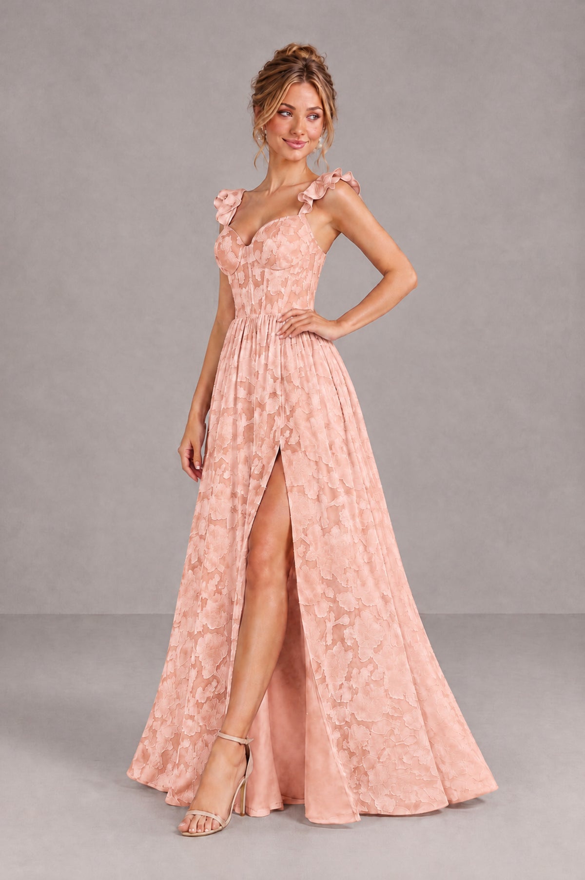 BOLODOO Rose Gold Floral A-Line Bridesmaid Dress with Slit Ruffle Straps Maxi Gown - Rose Gold - Rose Gold_3