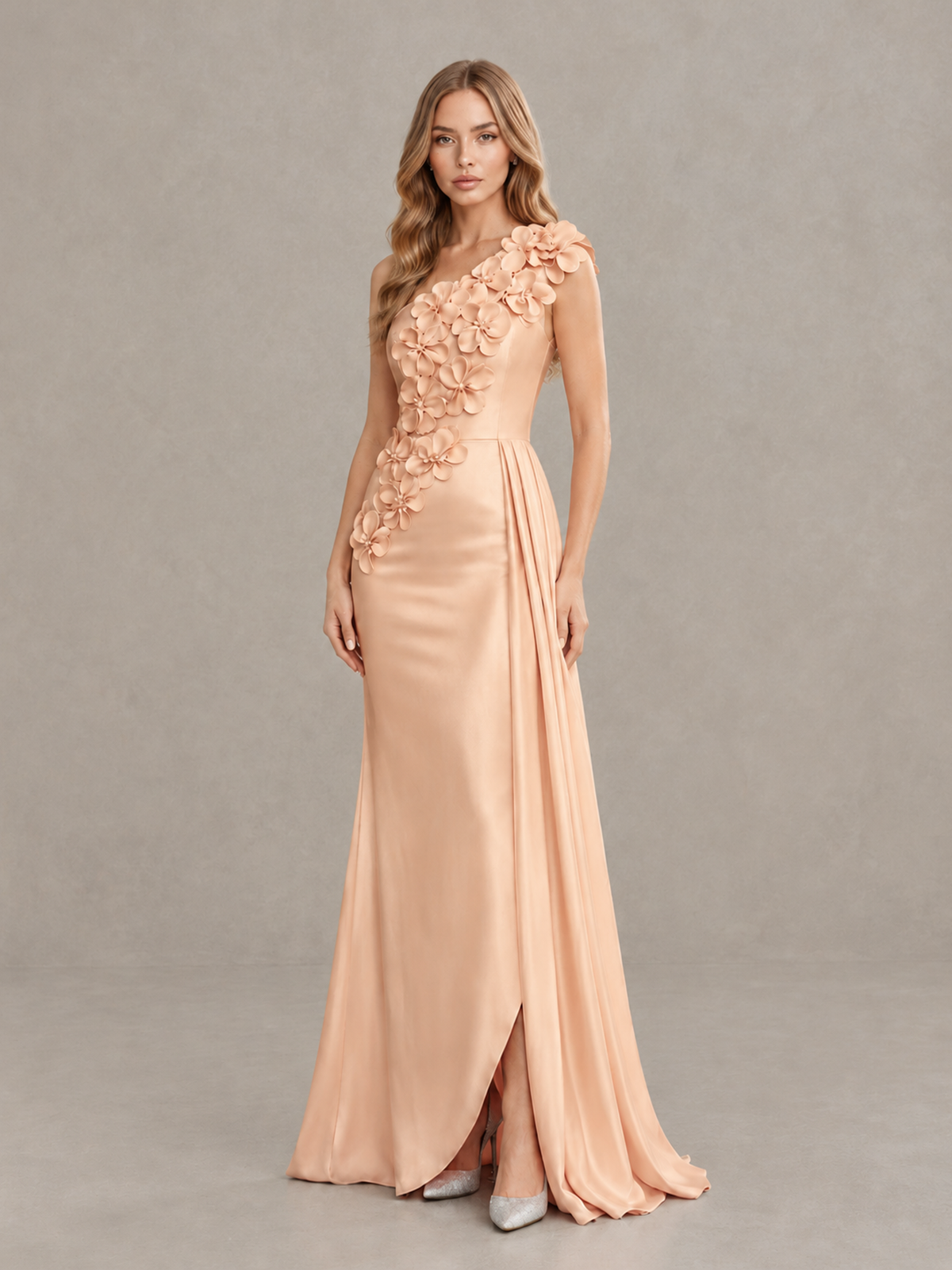 BOLODOO Rose Gold One-Shoulder Satin Mermaid Evening Gown with 3D Floral Appliqué - Rose Gold - Rose Gold_3