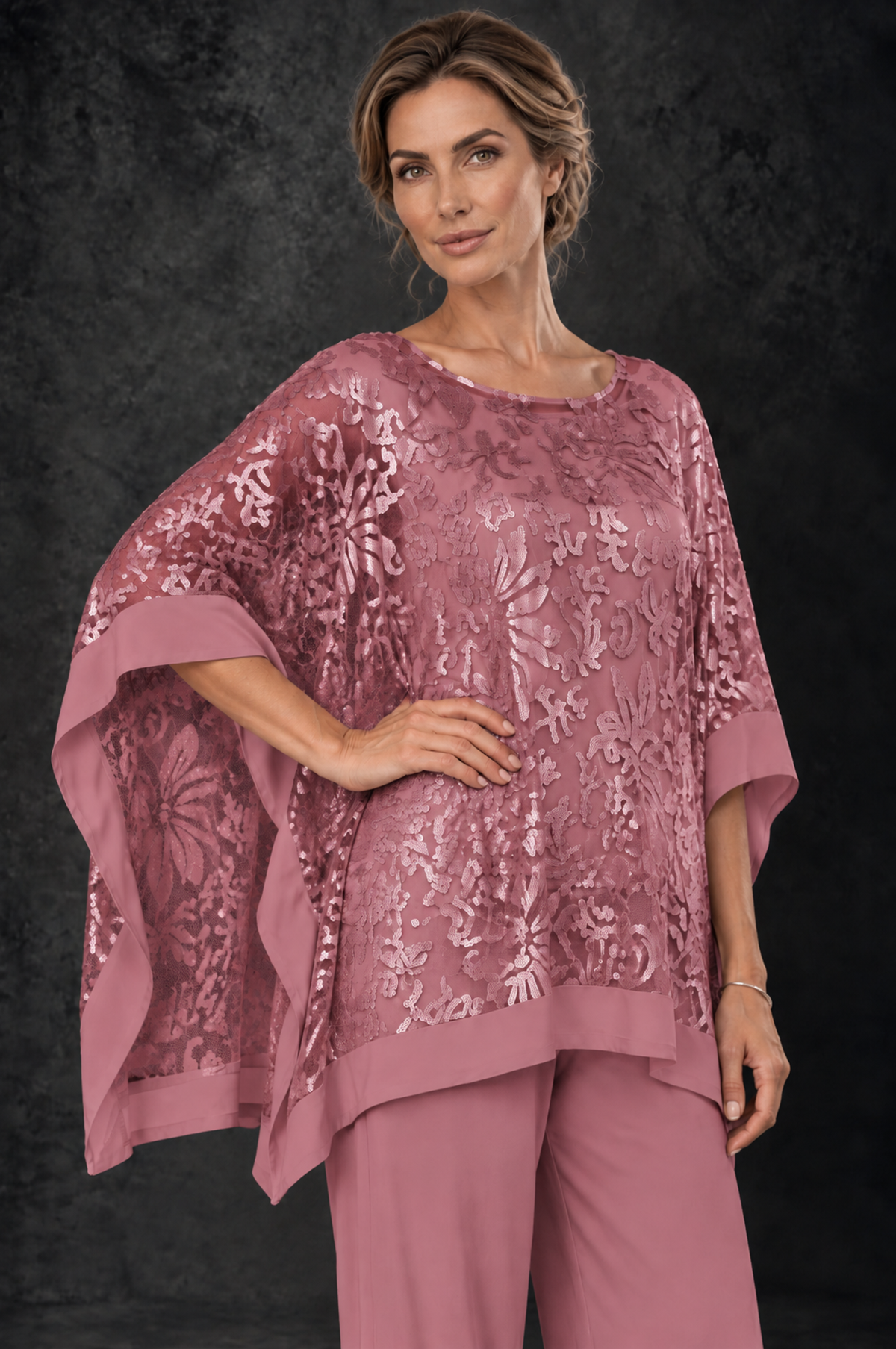 BOLODOO Rose Gold Floral Cape Mother of the Bride Pant Suit - Rose Gold - Rose_Gold_3