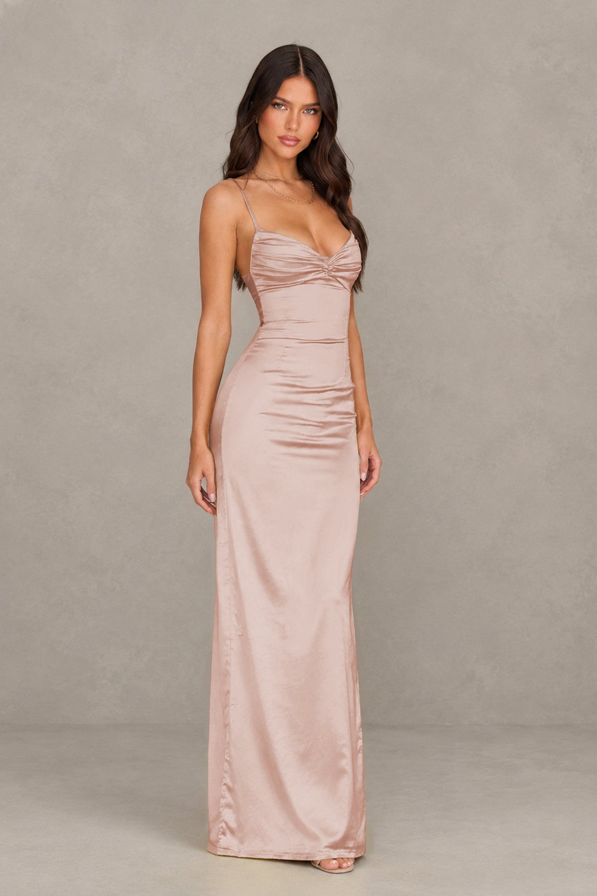 BOLODOO Rose Gold Satin Cowl Neck Open Back Mermaid Maxi Dress with Side Slit - Rose Gold