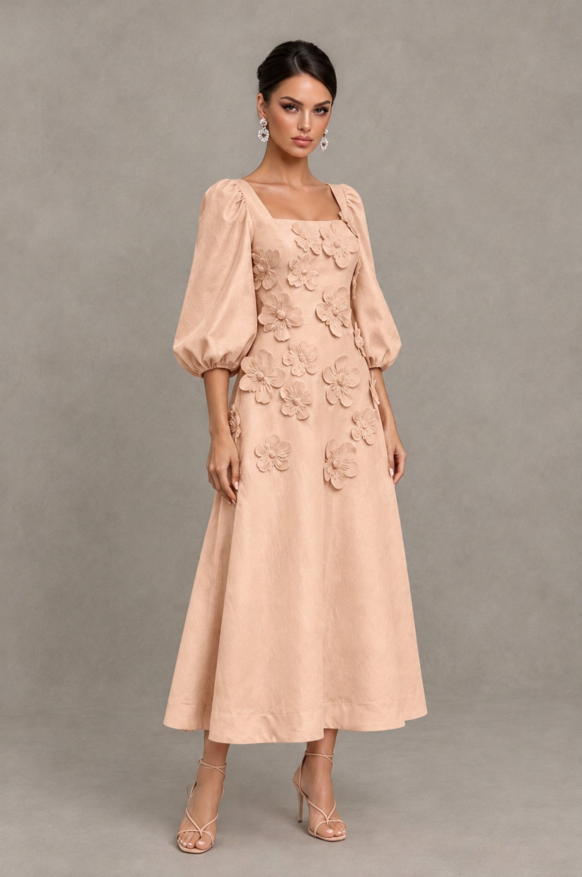BOLODOO Rose Gold 3D Floral Puff Sleeve Midi Cocktail Dress - Rose Gold - Rose Gold_3