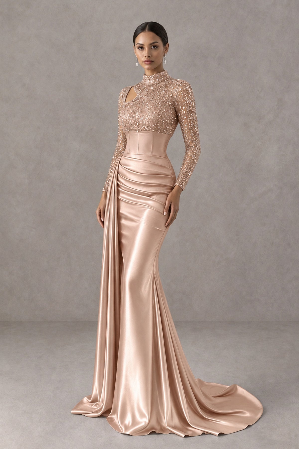 BOLODOO Rose Gold Long Sleeve Embellished Satin Mermaid Evening Gown - Rose Gold - Rose Gold_3