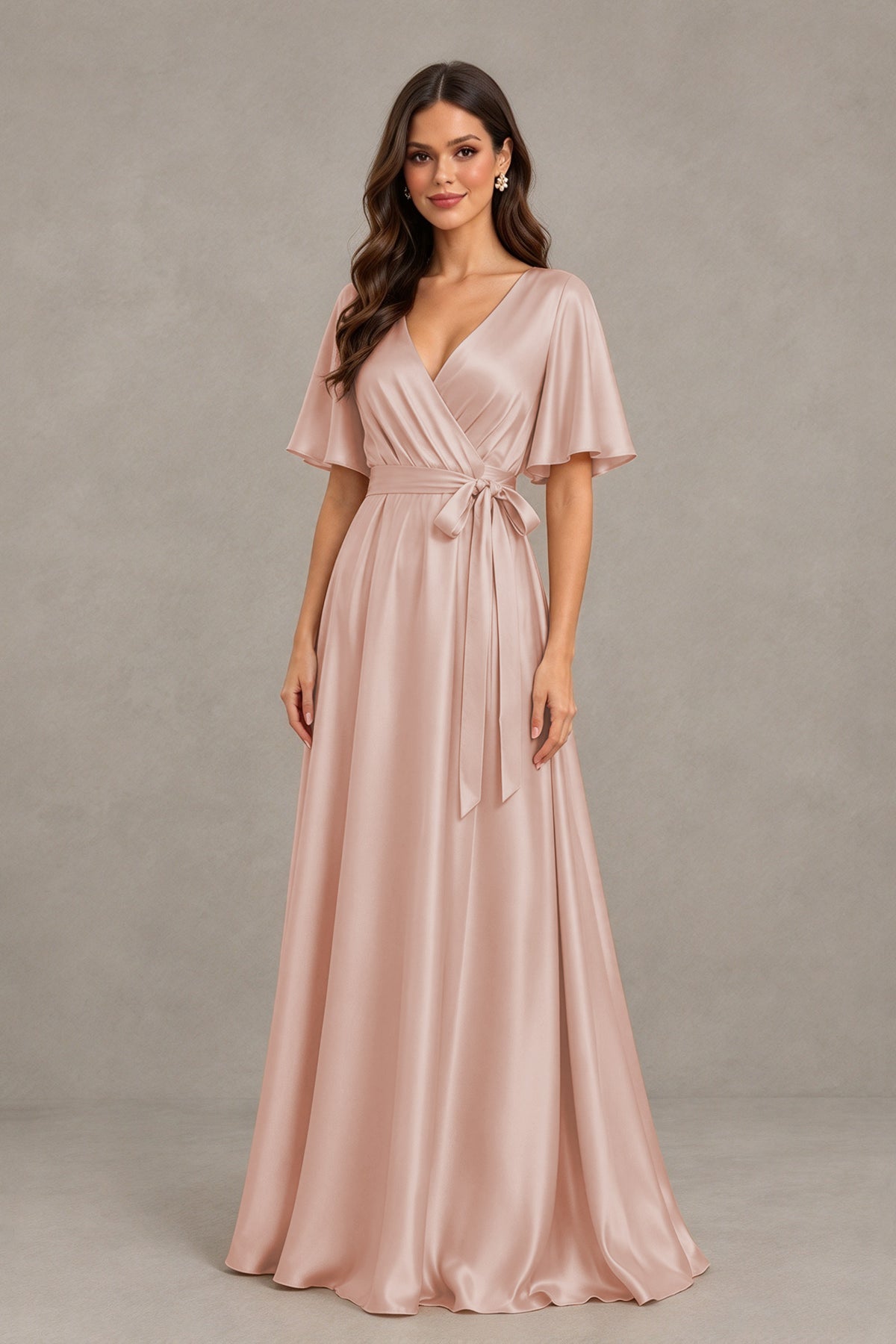 BOLODOO Rose Gold Satin V-Neck Flutter Sleeve Bridesmaid Dress with Slit - Rose Gold - Rose Gold(3)