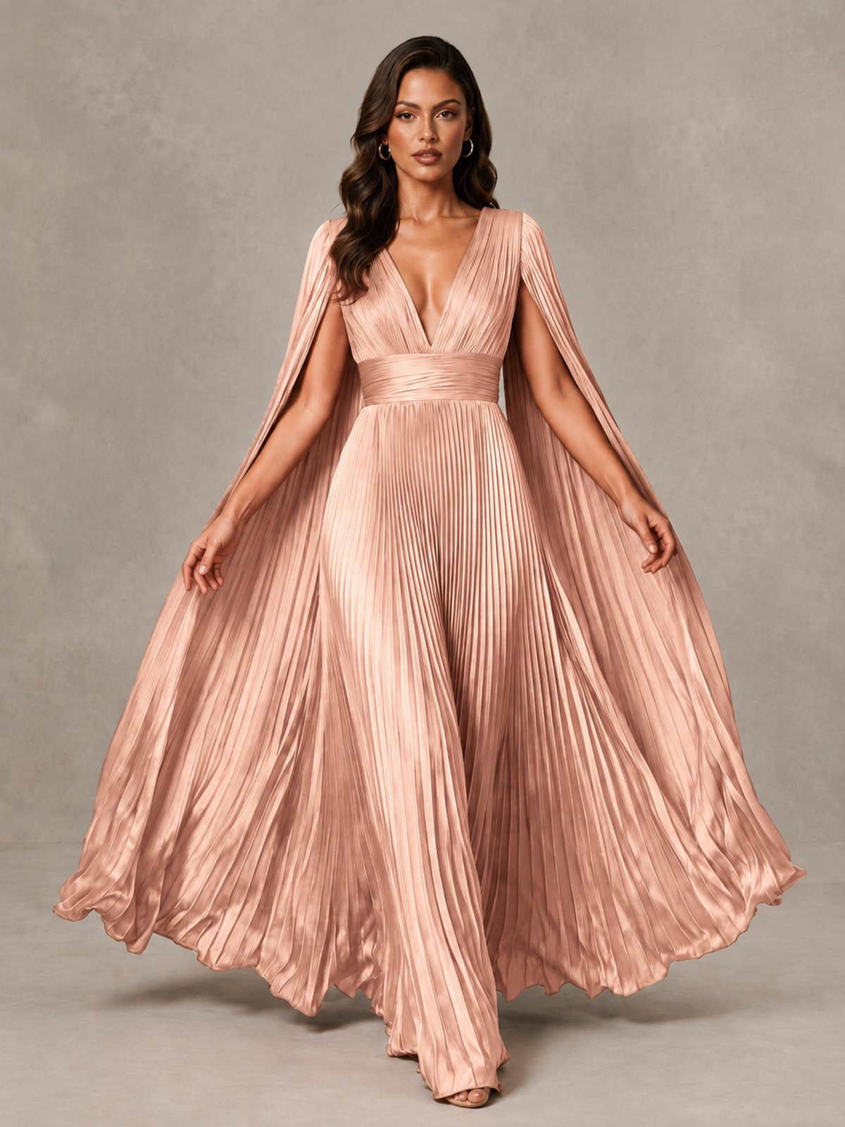 BOLODOO Rose Gold Deep V-Neck Pleated Cape Sleeve Evening Gown - Rose Gold - Rose Gold_3