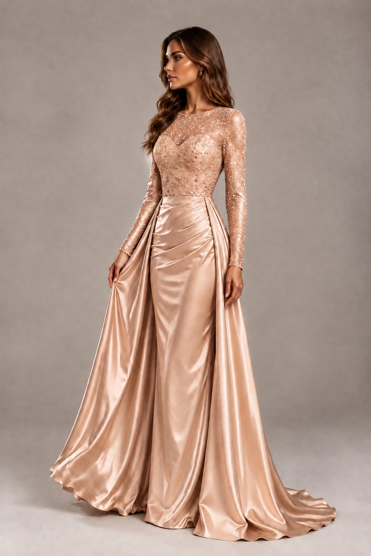 BOLODOO Rose Gold Long Sleeve Embellished Satin Evening Gown with Sweep Train - Rose Gold - Rose Gold_3
