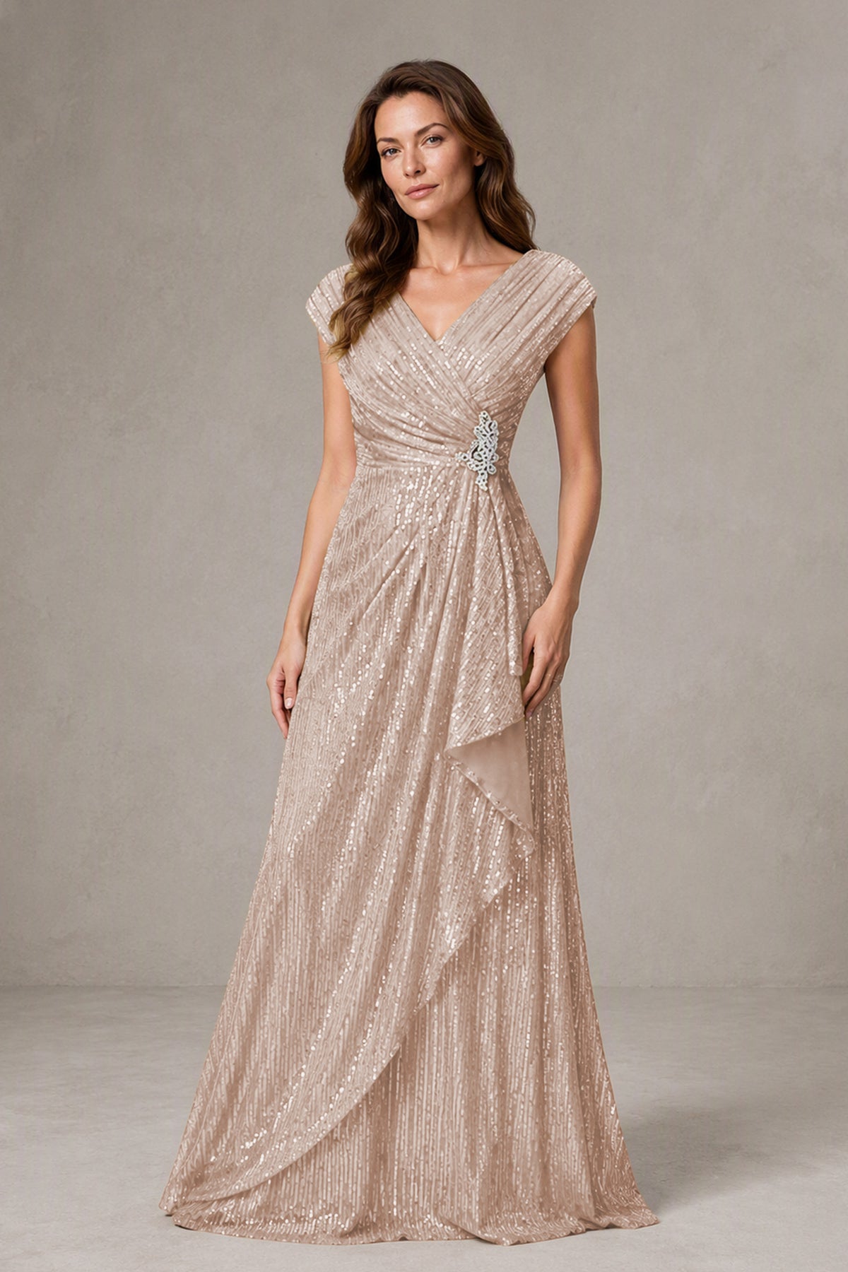 BOLODOO Rose Gold Sequin V-Neck Cap Sleeve Maxi Dress - Rose Gold