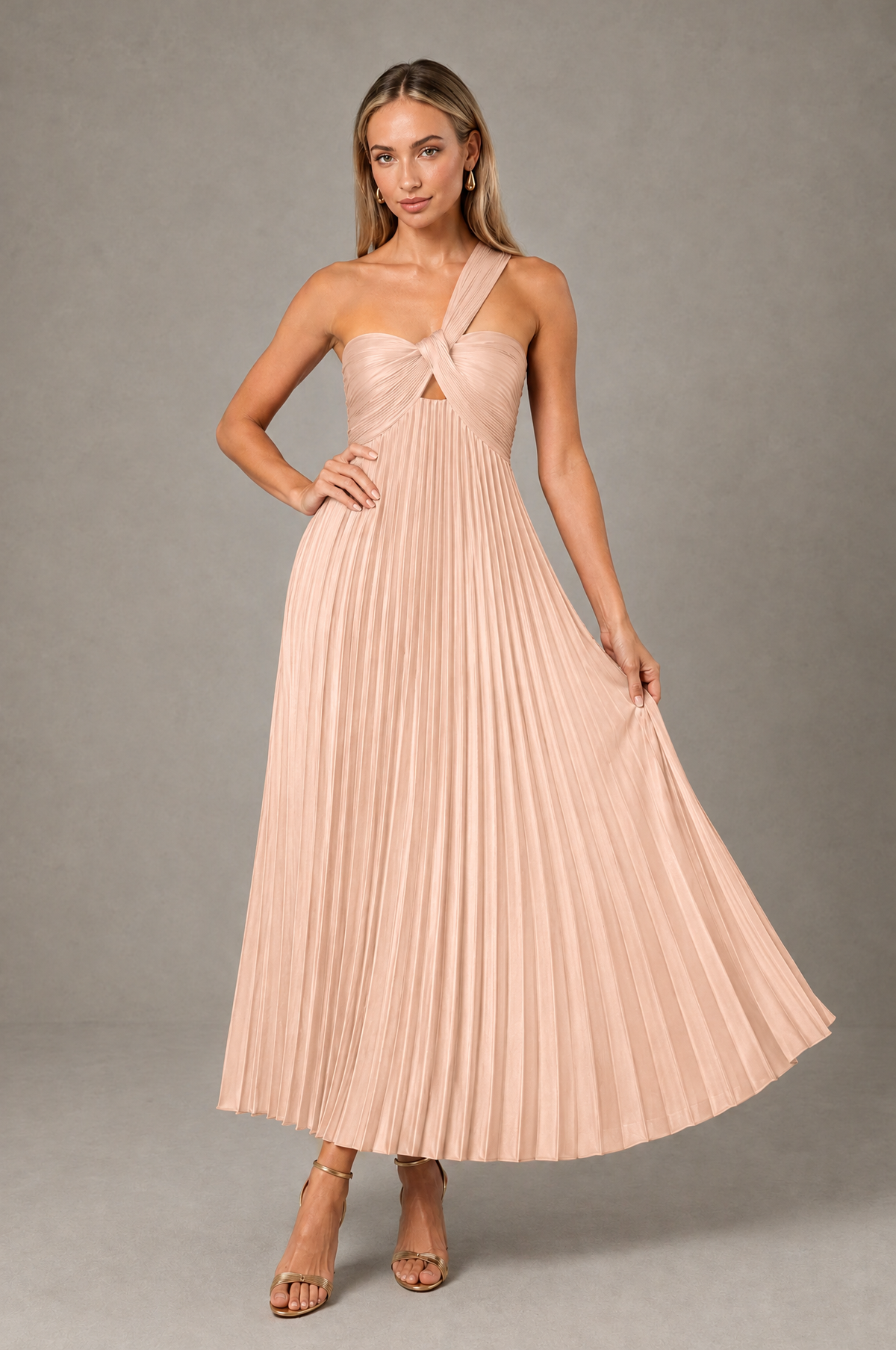 BOLODOO Rose Gold One-Shoulder Twist Knot Pleated Satin Midi Dress with Cutout - Rose Gold - Rose_Gold_4