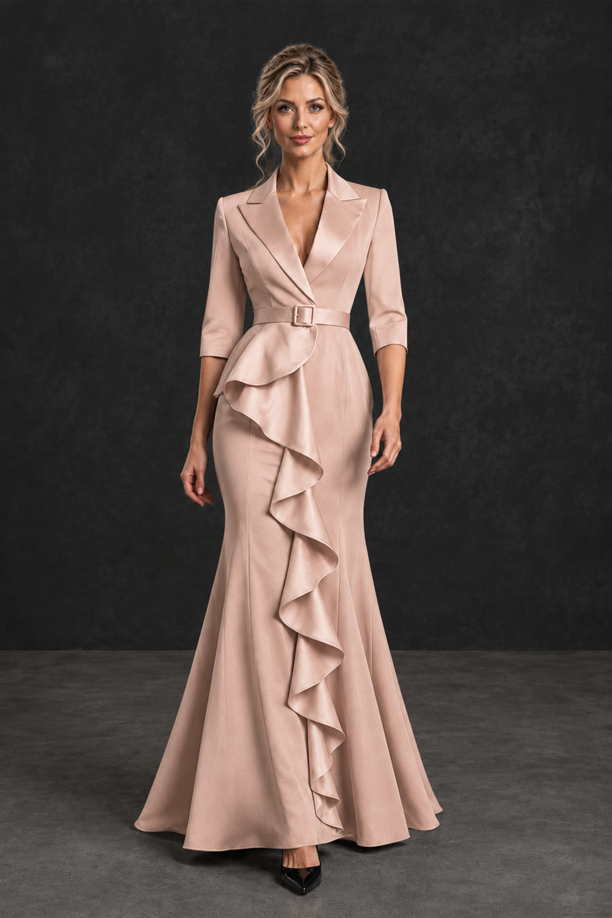 BOLODOO Rose Gold Lapel Ruffle Mother of the Bride Dress with Belt - Rose Gold - Rose Gold_4