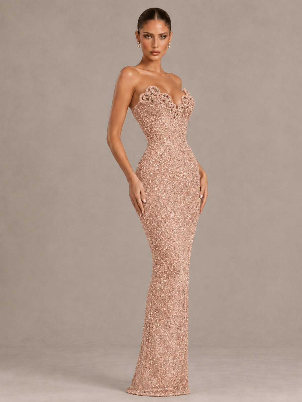 BOLODOO Rose Gold Strapless Sequin Evening Gown with Floral Neckline - Rose Gold - Rose Gold_4