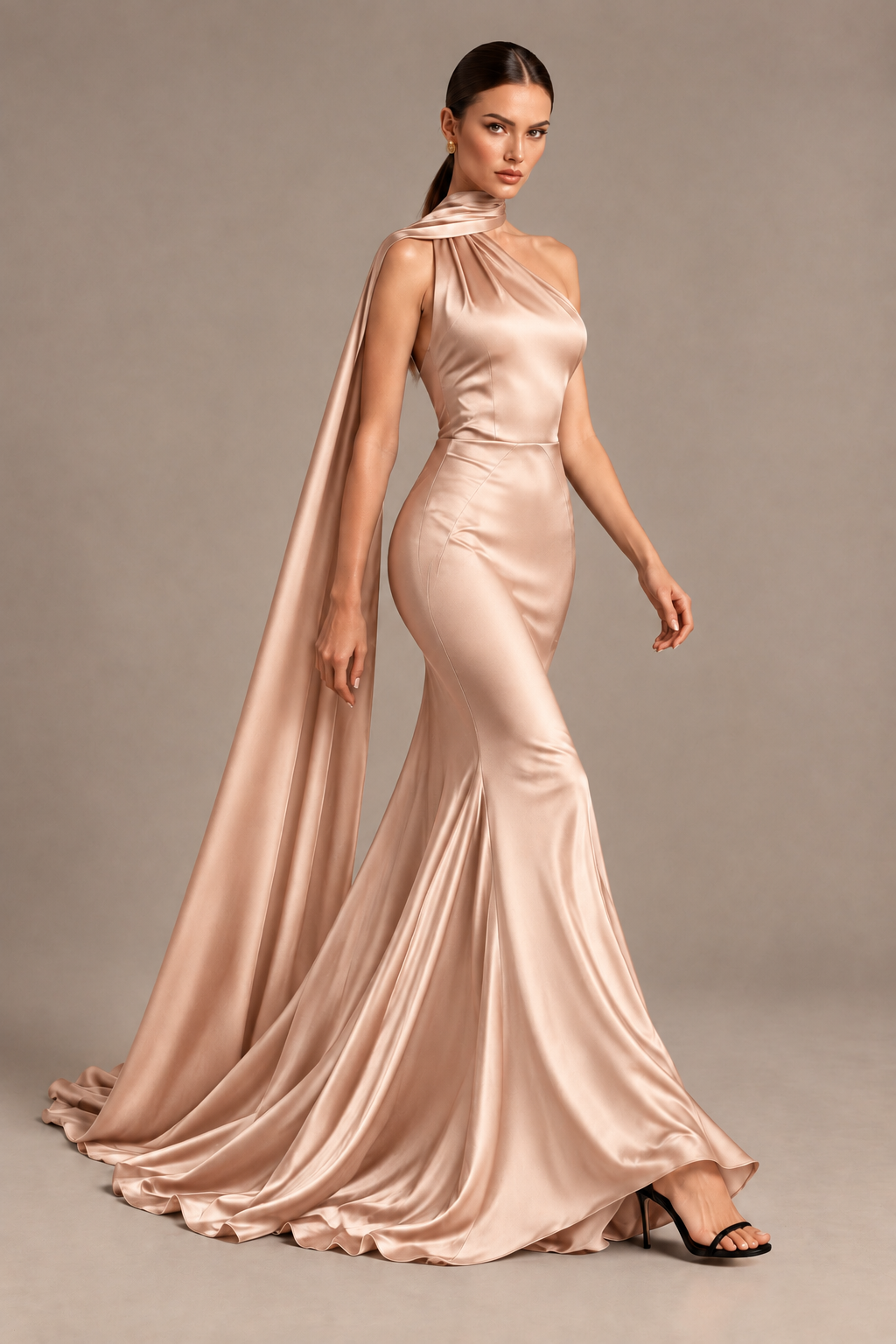 BOLODOO Rose Gold One-Shoulder Satin Mermaid Evening Dress with Scarf - Rose Gold - Rose Gold_4