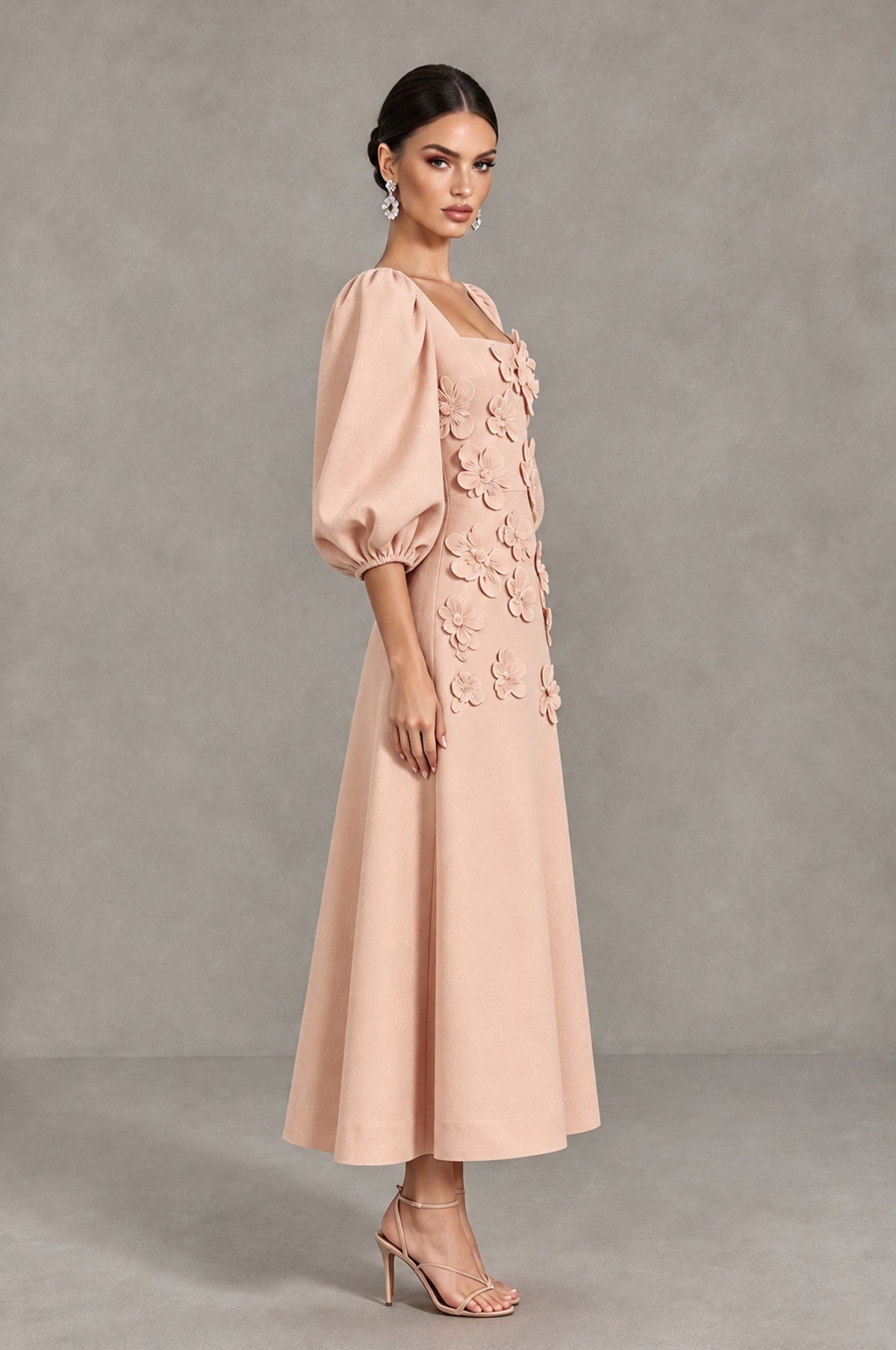BOLODOO Rose Gold 3D Floral Puff Sleeve Midi Cocktail Dress - Rose Gold - Rose Gold_4