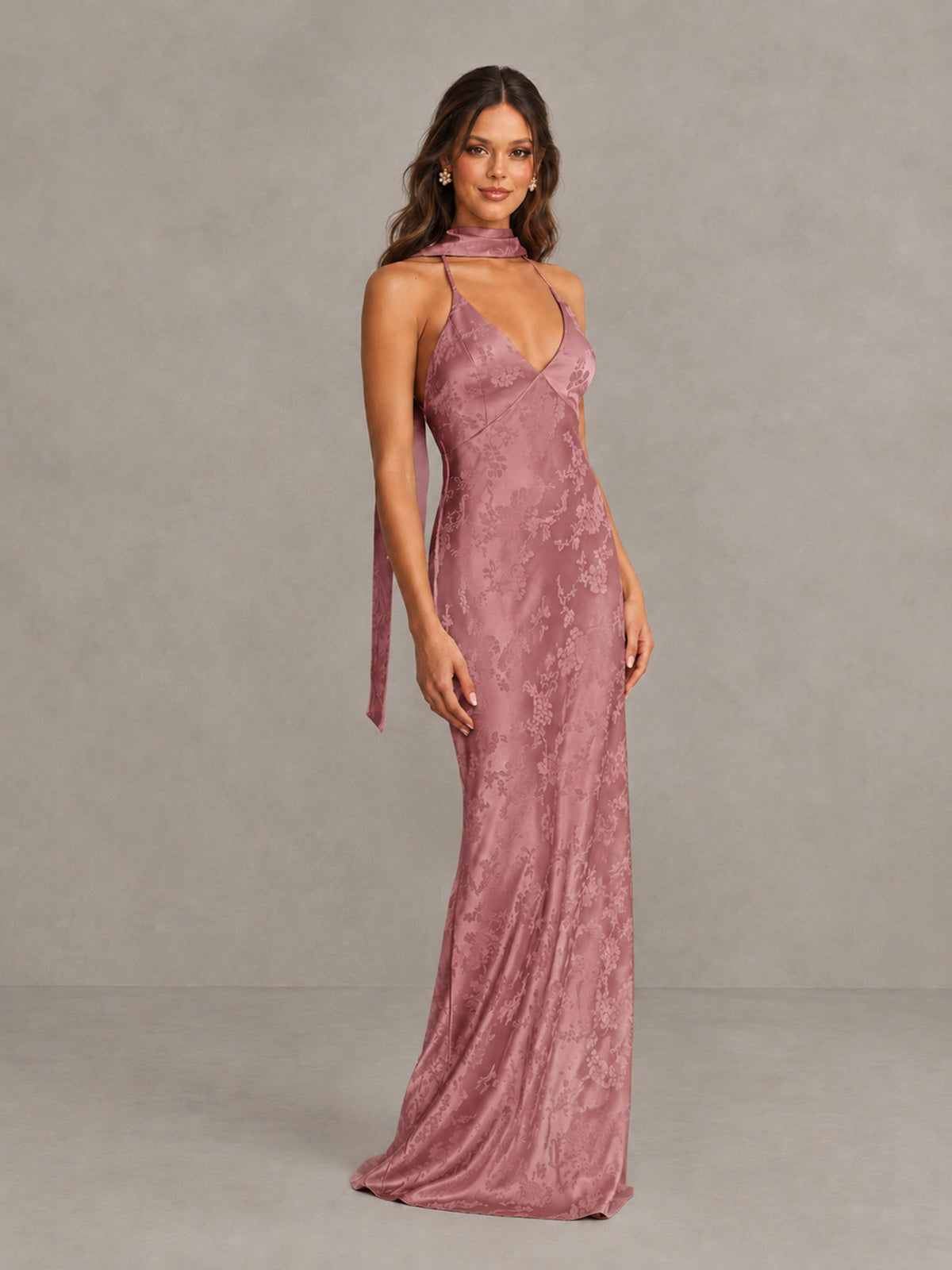 BOLODOO Rose Gold Floral Satin Open-Back Bridesmaid Dress - Rose Gold - Rose Gold_4