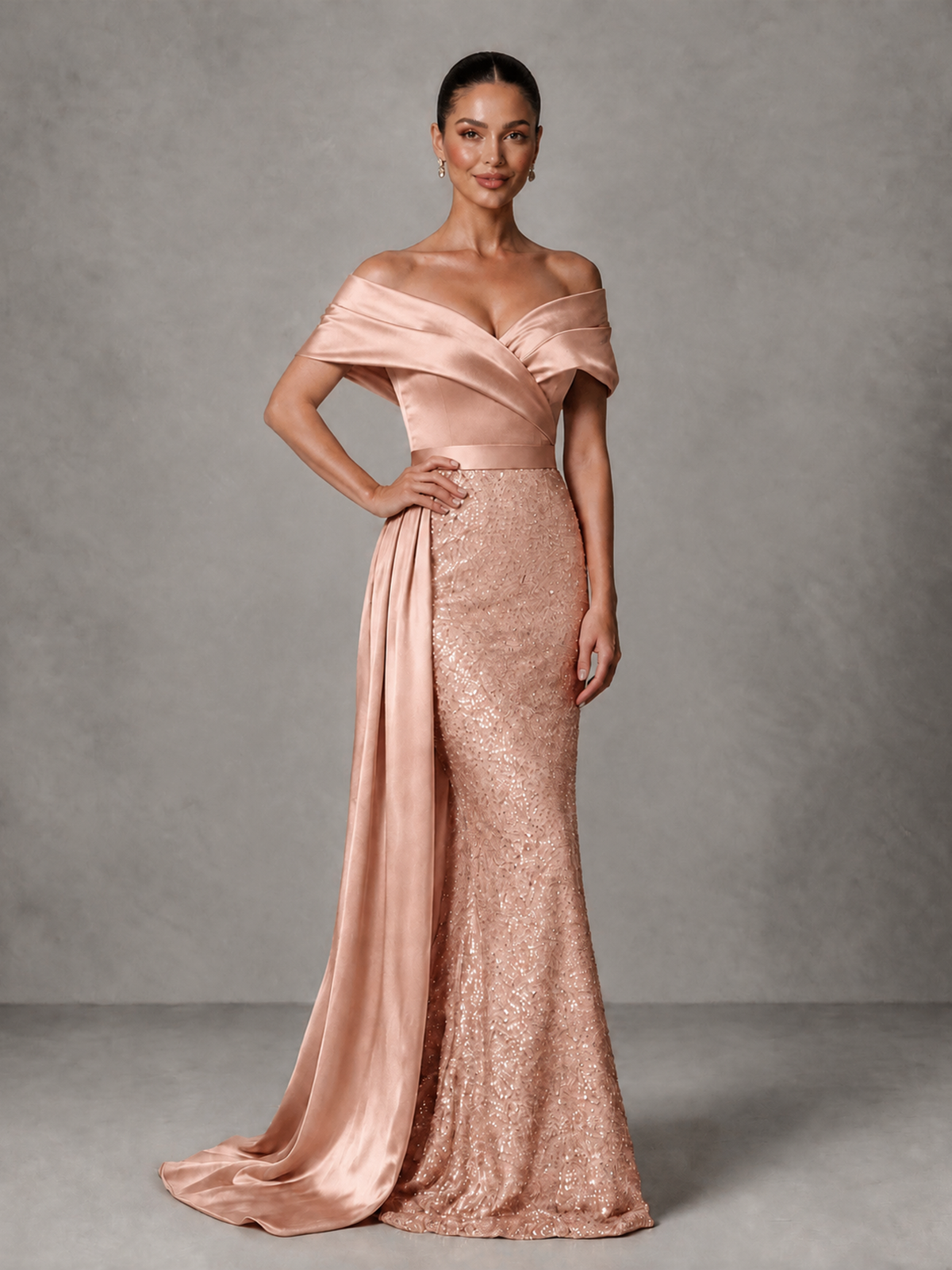BOLODOO Rose Gold Sequin Mermaid Evening Dress with Off-Shoulder Satin Drape and Sweep Train - Rose Gold - Rose Gold_4