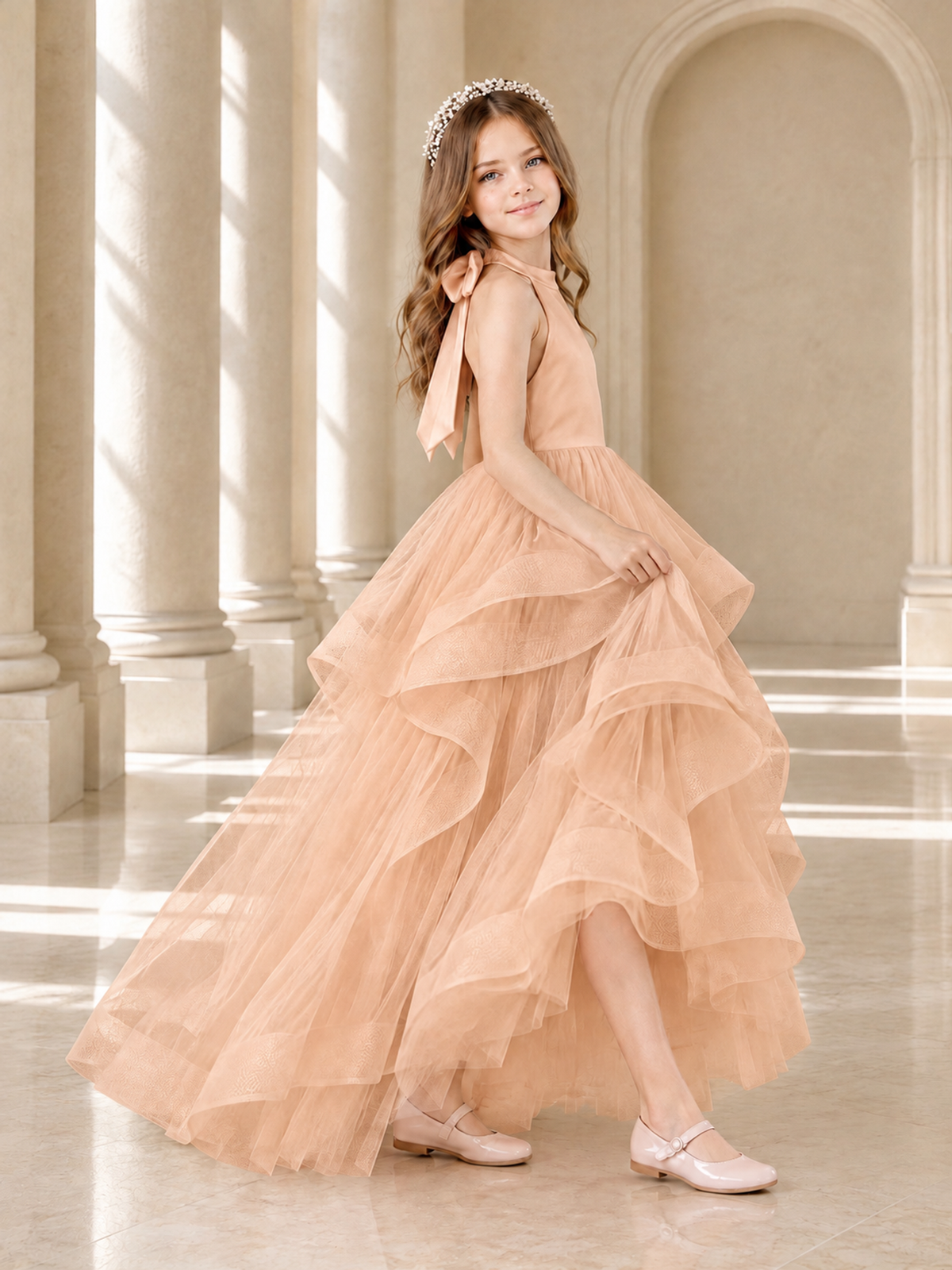 BOLODOO Rose Gold Halter Tiered Tulle Flower Girl Dress with Bow Back - Rose Gold - Rose Gold_4