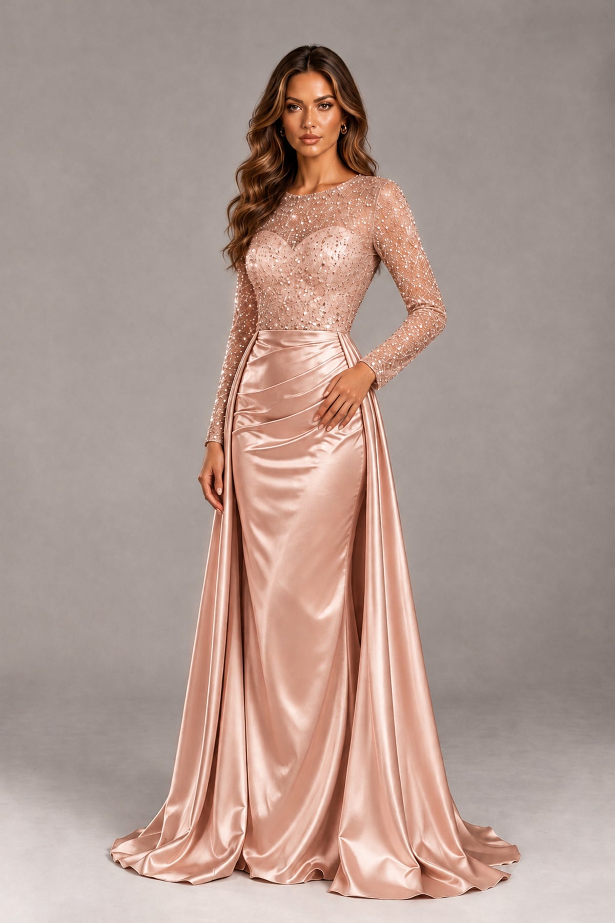 BOLODOO Rose Gold Long Sleeve Embellished Satin Evening Gown with Sweep Train - Rose Gold - Rose Gold_4