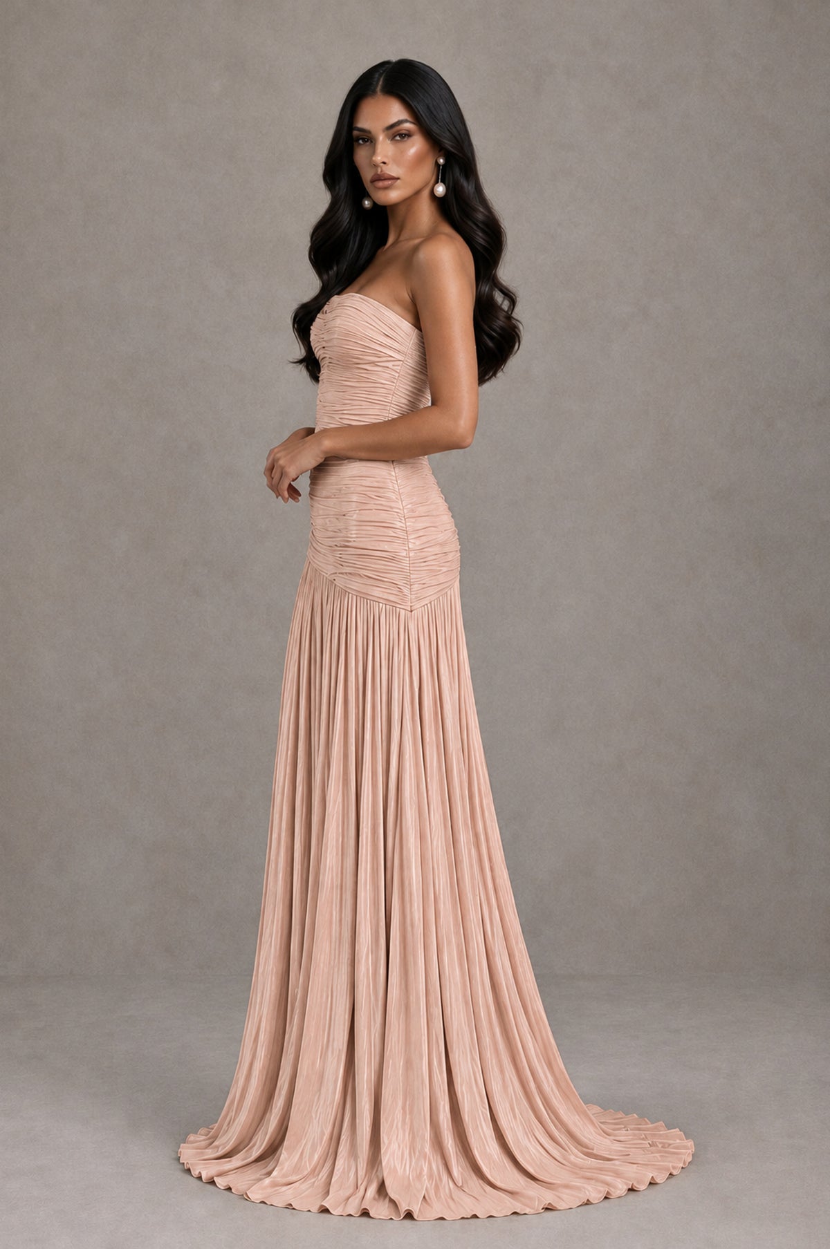 BOLODOO Rose Gold Metallic Ruched Strapless Pleated A-Line Backless Maxi Dress with Train - Rose Gold - Rose Gold_4