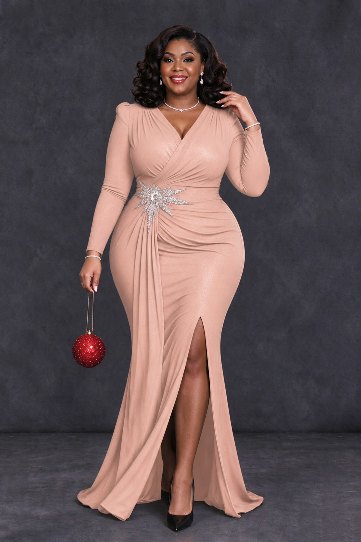 BOLODOO Rose Gold Plus Size Long Sleeve V-Neck Mother of the Bride Dress with Slit - Rose Gold - Rose Gold_4