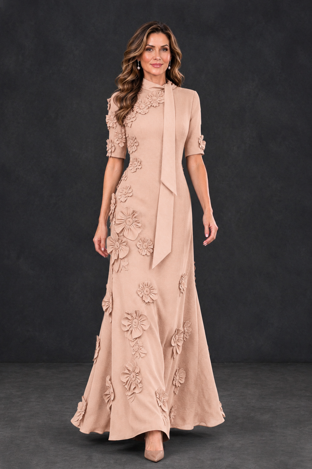 BOLODOO Rose Gold Floral Applique High-Neck Half-Sleeve Gown - Rose Gold - Rose Gold_4
