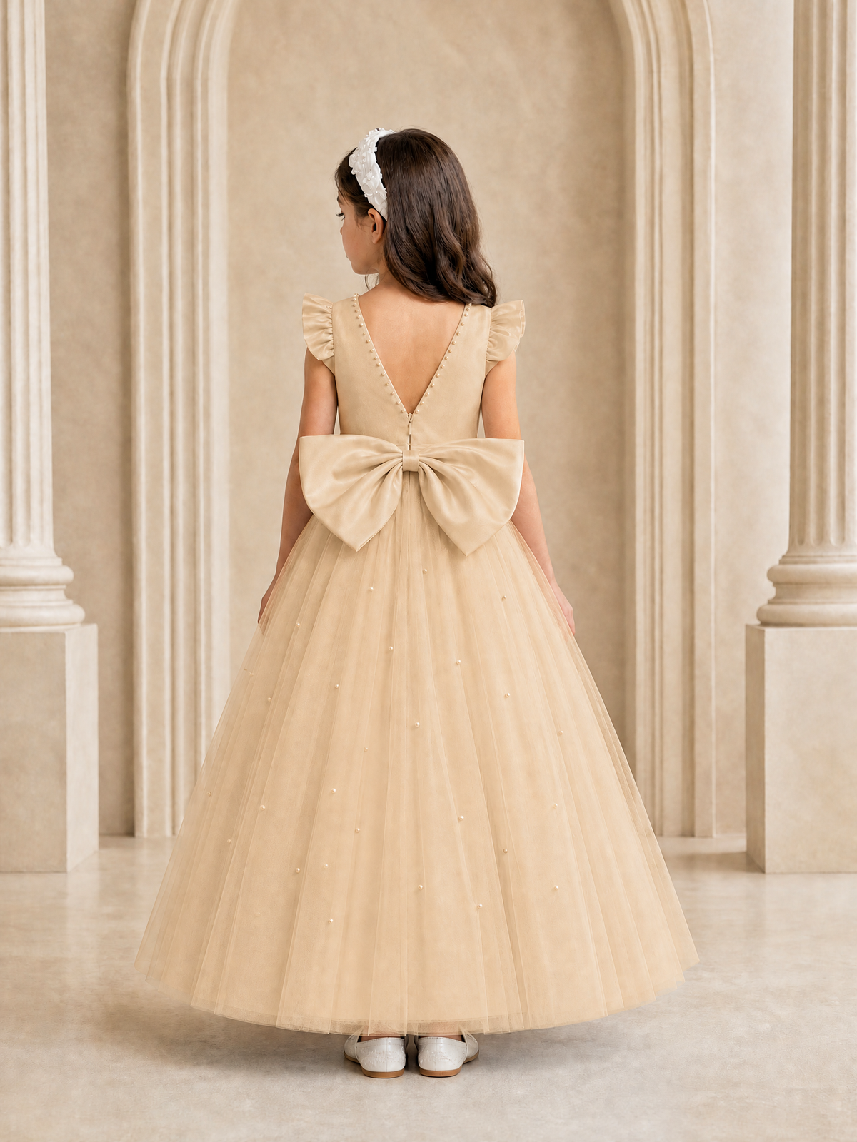 BOLODOO Rose Gold Tulle Flower Girl Dress with Ruffle Sleeves & Bow Back - Rose Gold - Rose_Gold_4