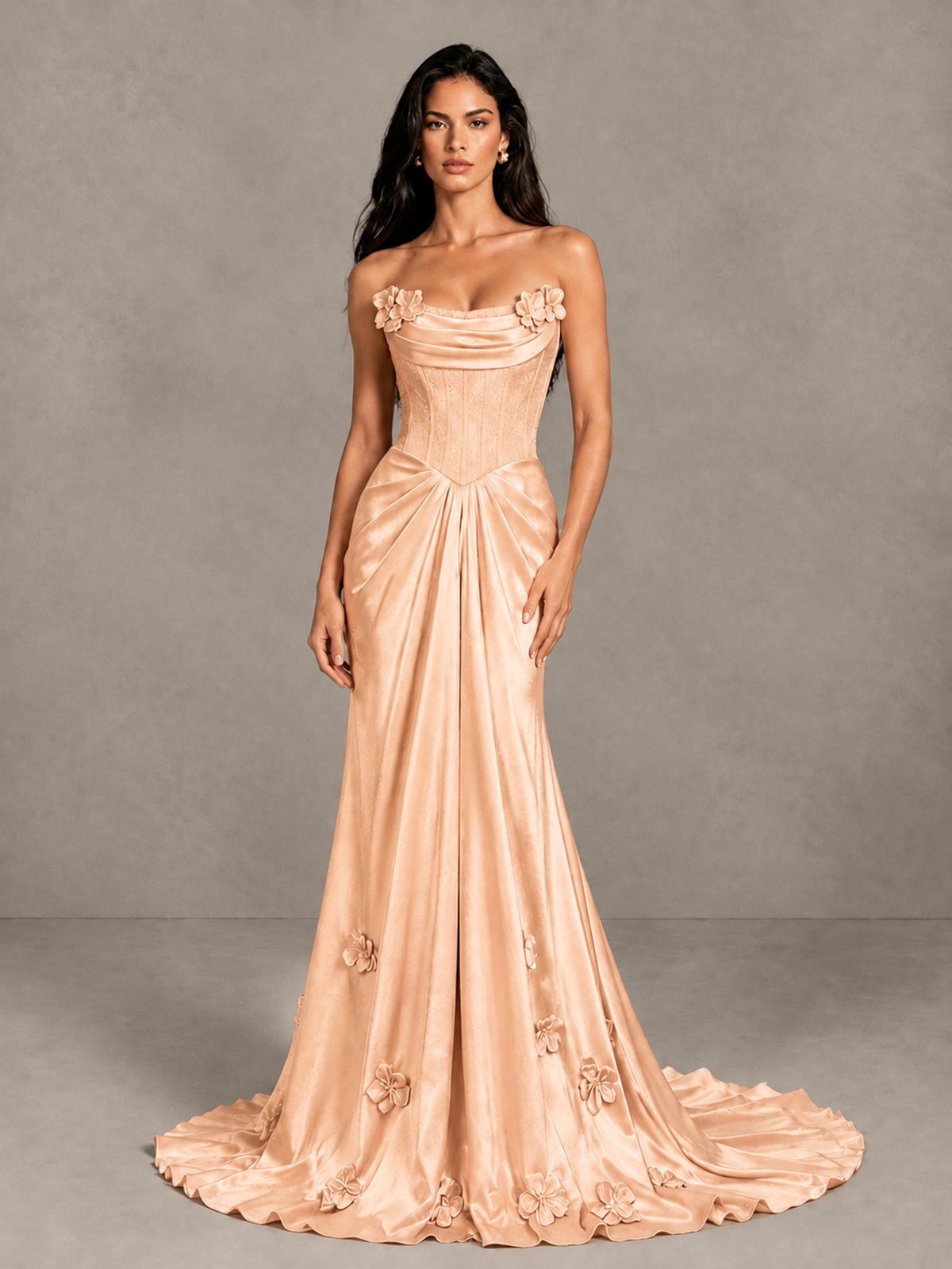 BOLODOO Rose Gold Strapless Floral Corset Evening Gown with Train - Rose Gold - Rose Gold_4