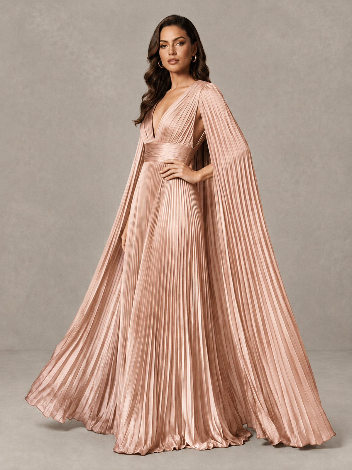 BOLODOO Rose Gold Deep V-Neck Pleated Cape Sleeve Evening Gown - Rose Gold - Rose Gold_4