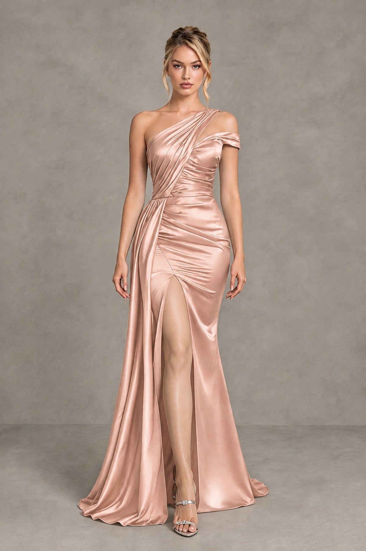 BOLODOO Rose Gold Asymmetric Ruched Formal Evening Dress - Rose Gold - Rose Gold_4
