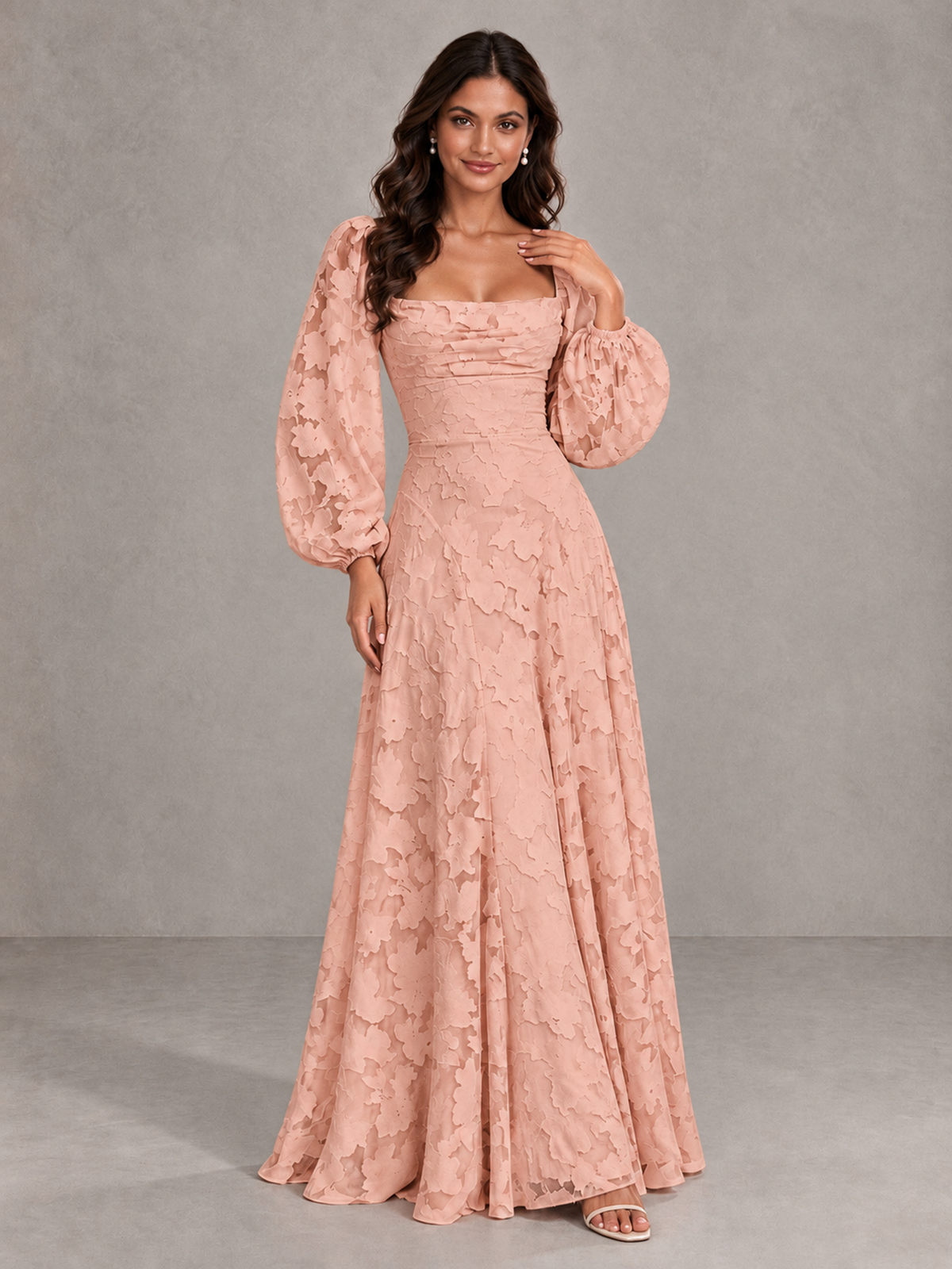 BOLODOO Rose Gold Floral Long Sleeve A-Line Bridesmaid Dress - Rose Gold - Rose Gold_4