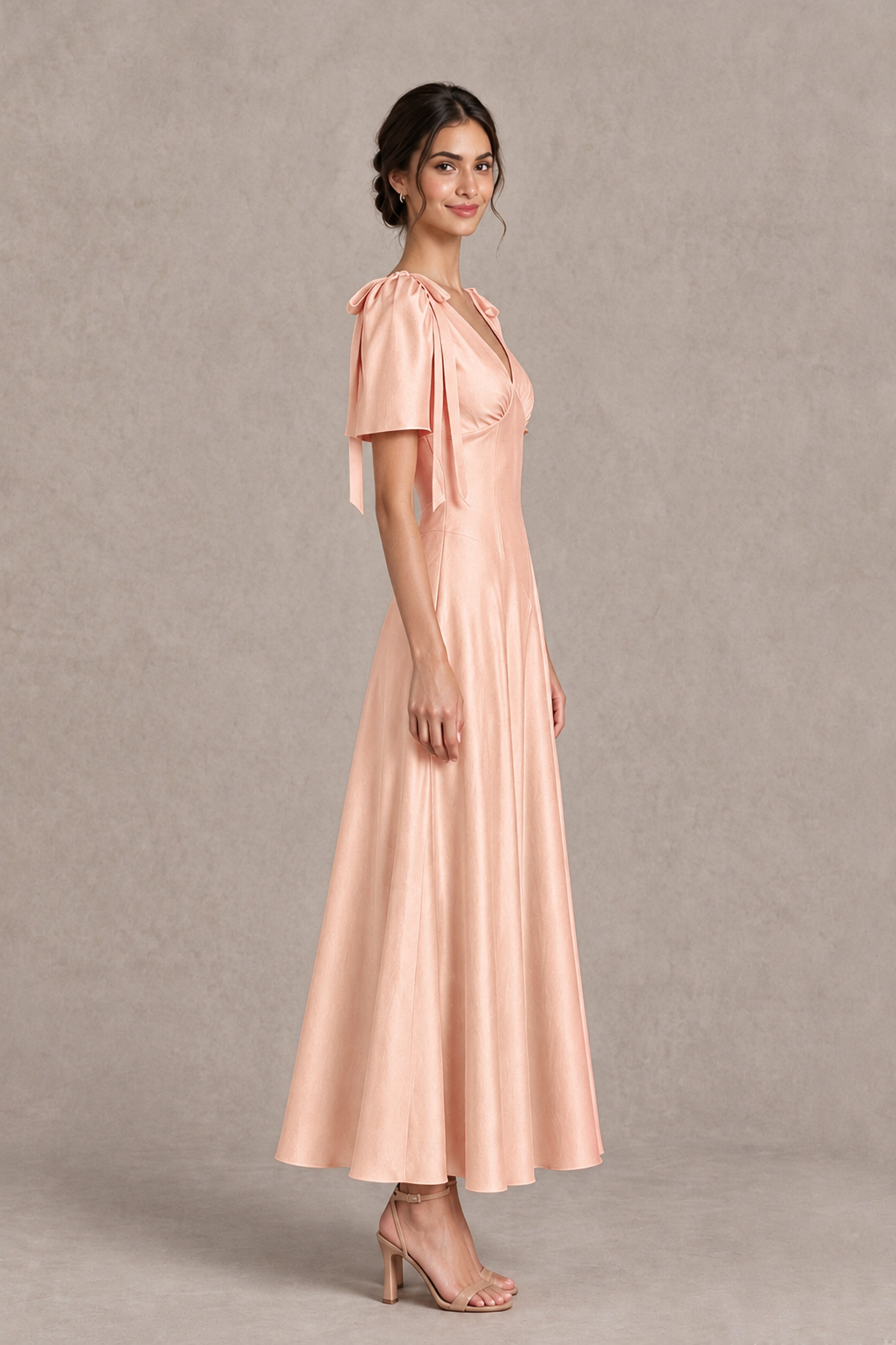 BOLODOO Rose Gold V-Neck Short Sleeve Satin-Look Bridesmaid Dress with Shoulder Bows - Rose Gold - Rose Gold_4