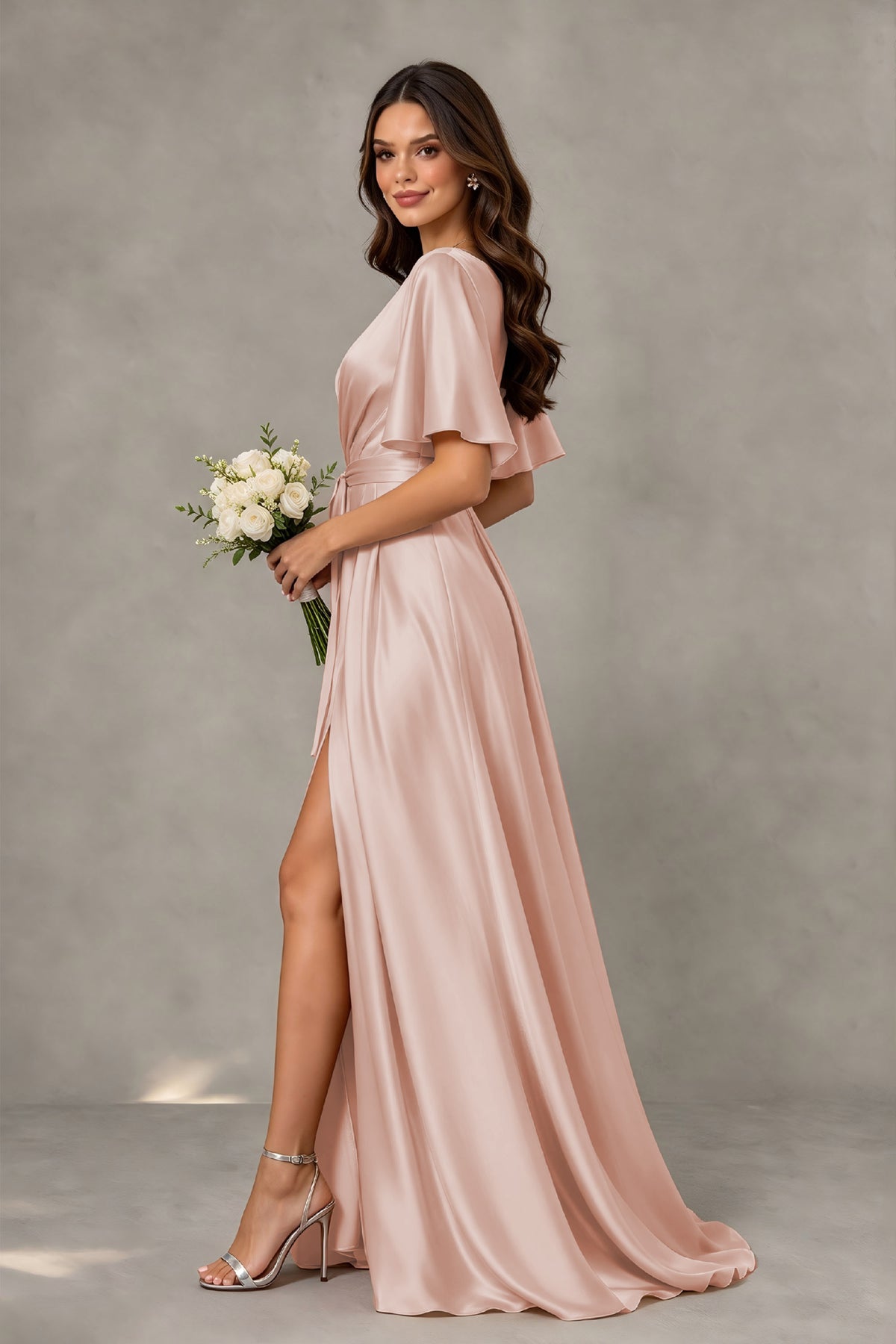 BOLODOO Rose Gold Satin V-Neck Flutter Sleeve Bridesmaid Dress with Slit - Rose Gold - Rose Gold(4)