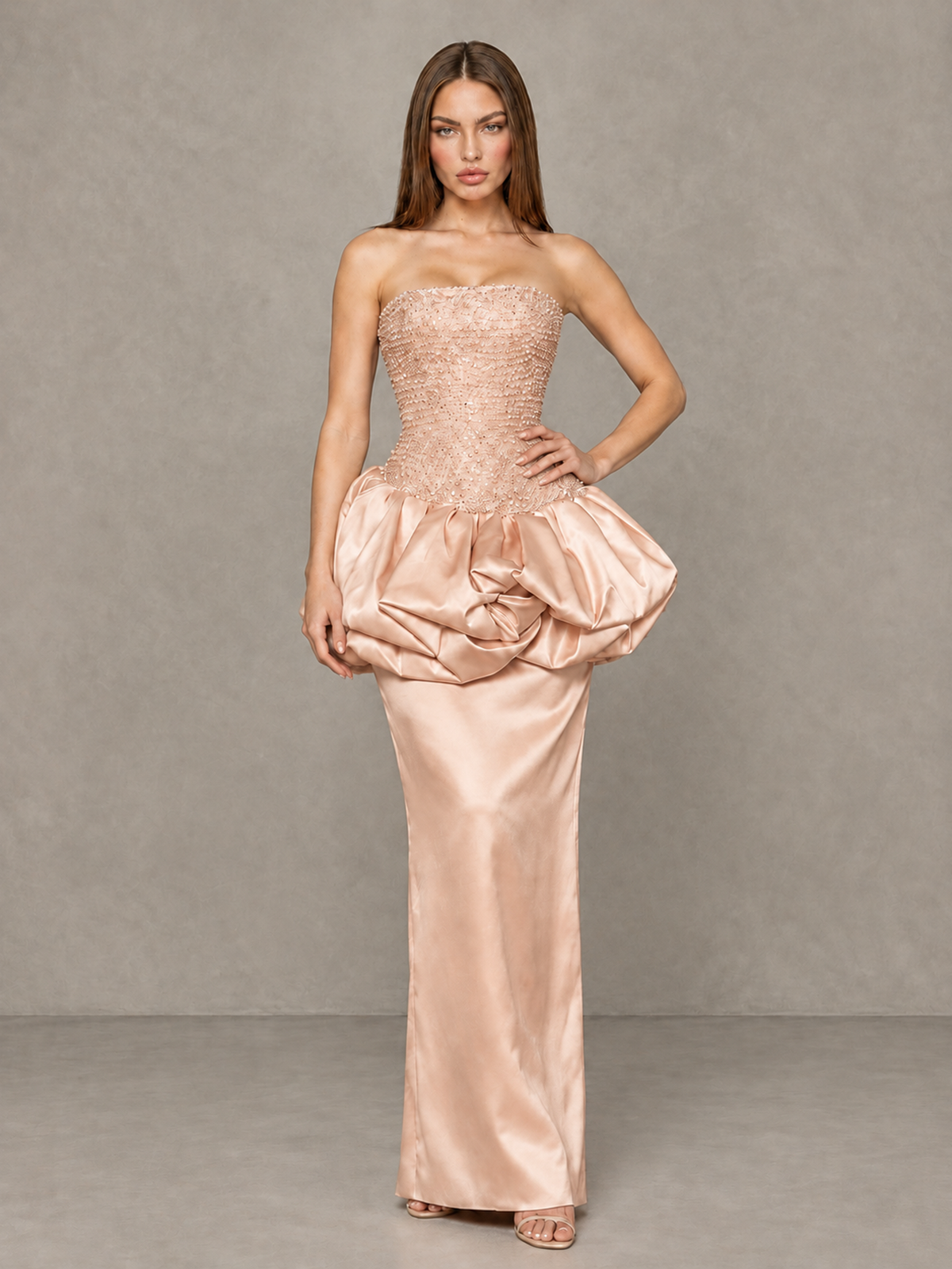 BOLODOO Rose Gold Strapless Embellished Bubble Peplum Evening Dress - Rose Gold - Rose Gold_4