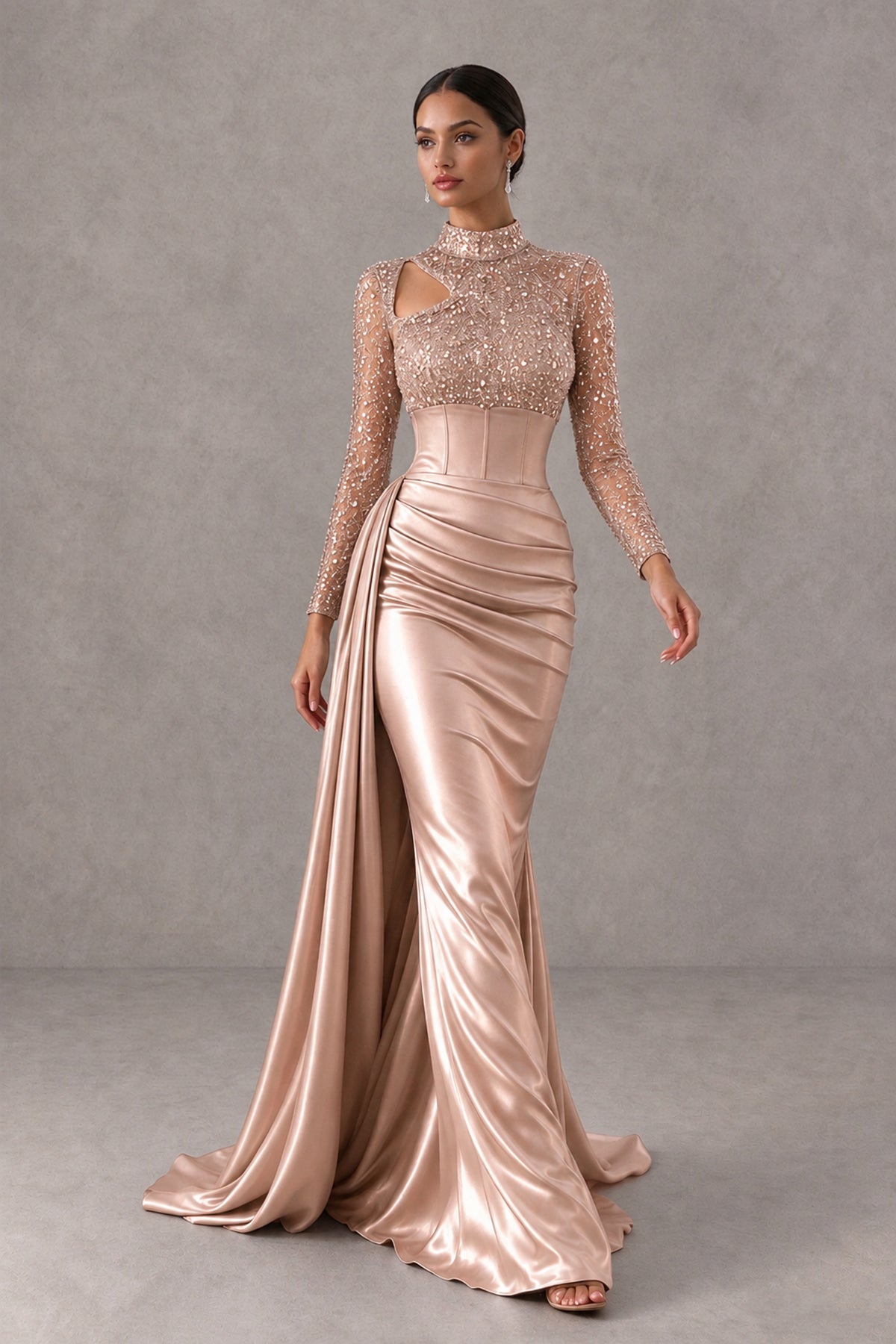 BOLODOO Rose Gold Long Sleeve Embellished Satin Mermaid Evening Gown - Rose Gold - Rose Gold_4