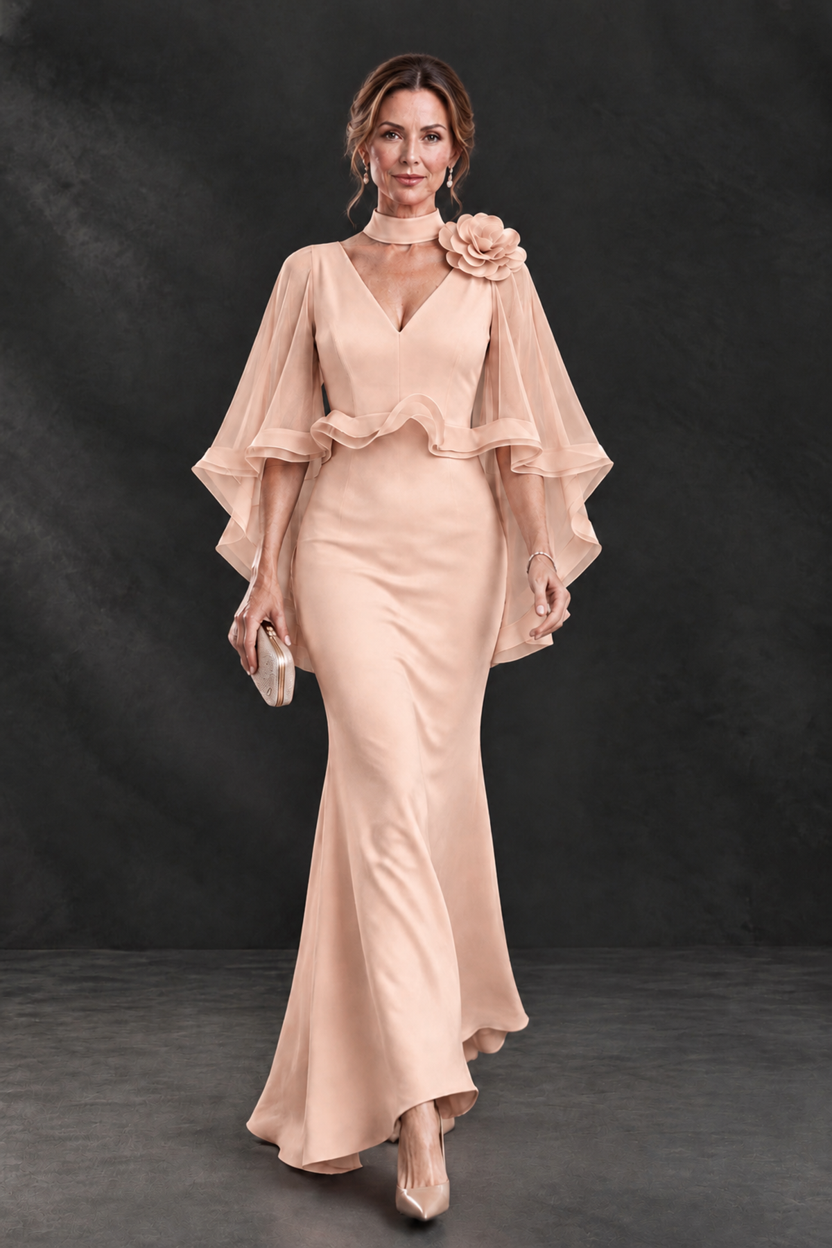 BOLODOO Rose Gold Floral Cape Sleeve Mother of the Bride Dress - Rose Gold - Rose_Gold_4