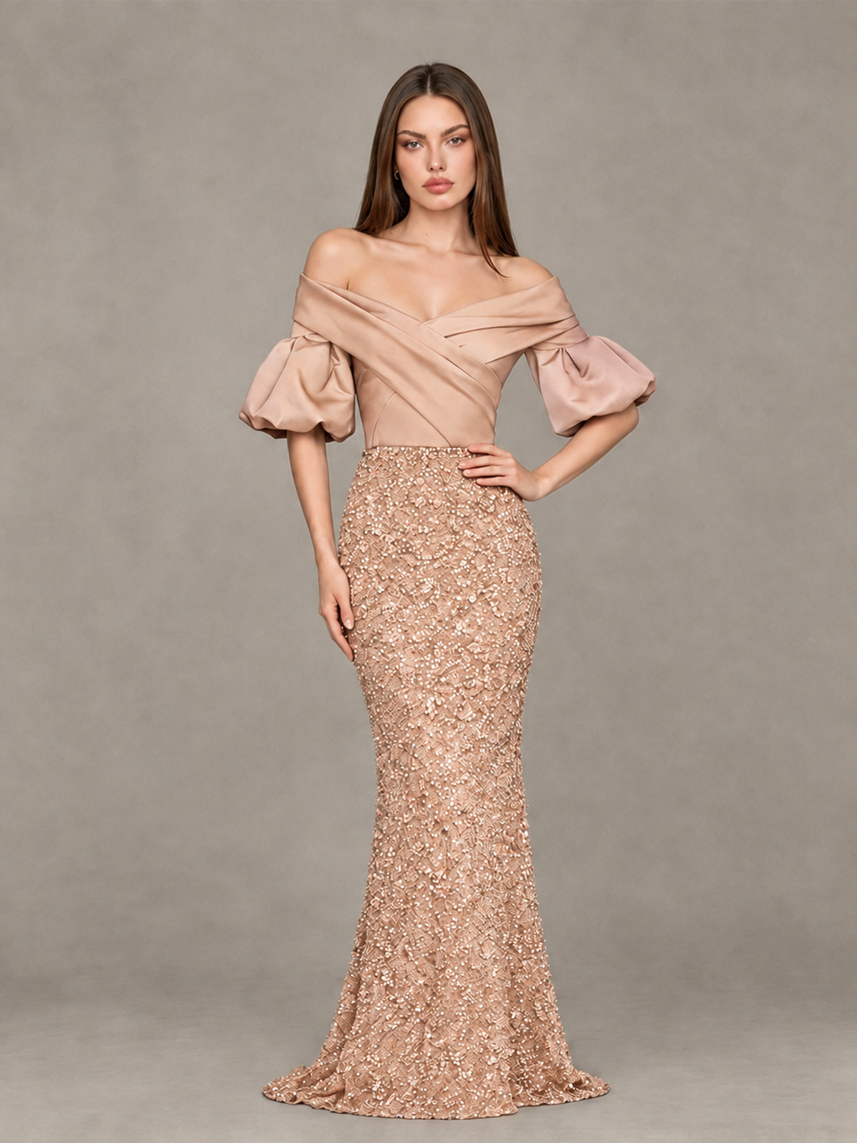 BOLODOO Rose Gold Off-Shoulder Puff Sleeve Sequin Mermaid Evening Dress - Rose Gold - Rose Gold_4