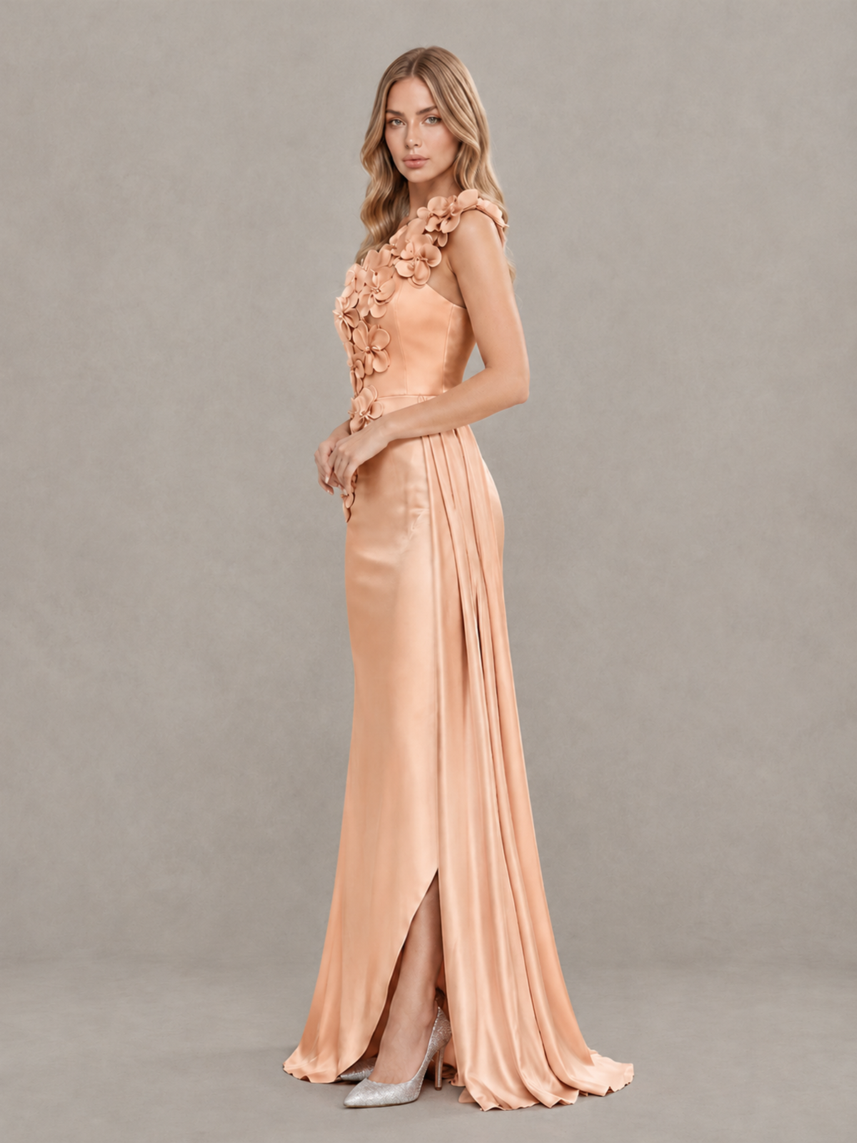BOLODOO Rose Gold One-Shoulder Satin Mermaid Evening Gown with 3D Floral Appliqué - Rose Gold - Rose Gold_4