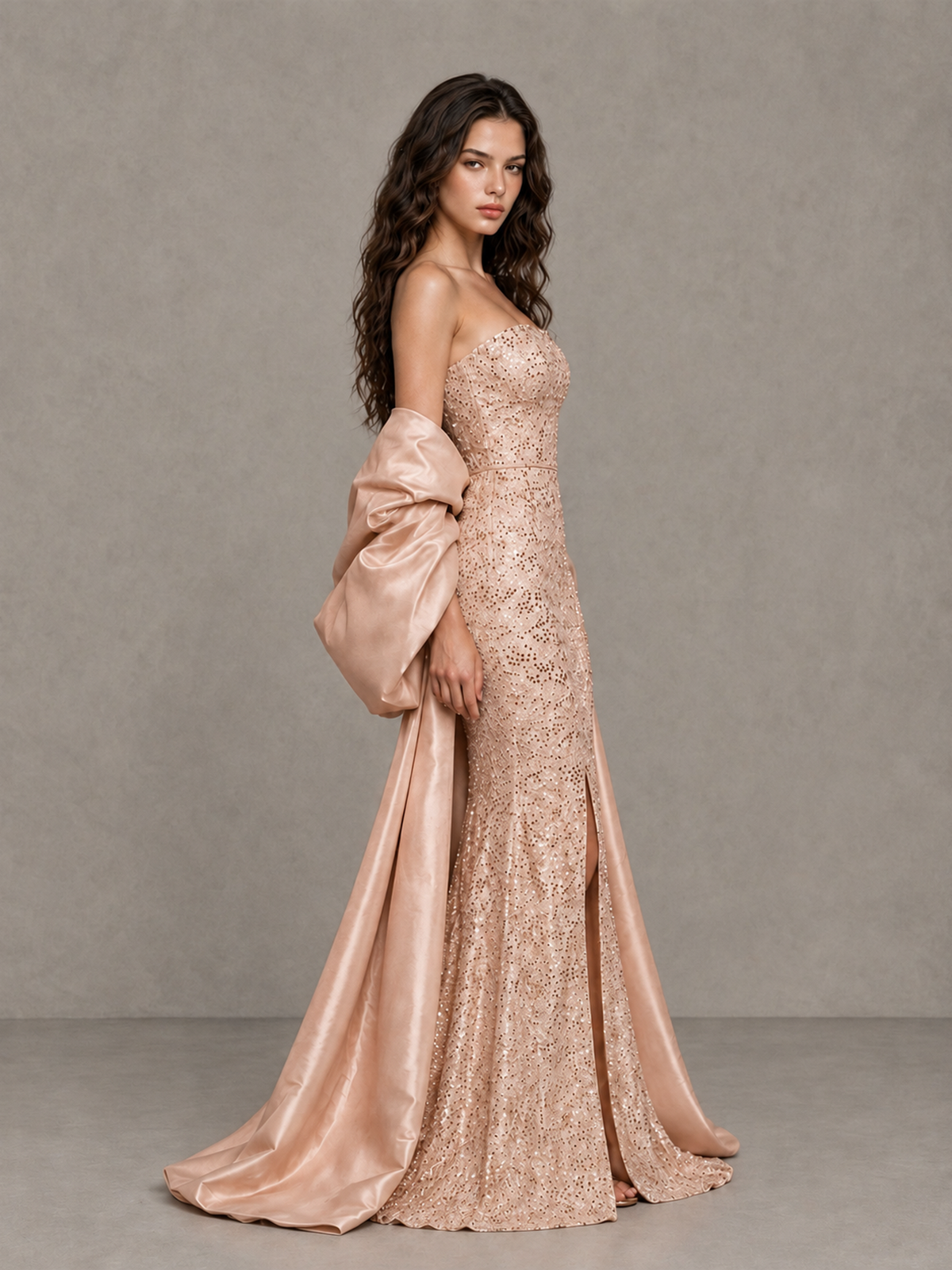 BOLODOO Rose Gold Strapless Sparkle Mermaid Prom Dress with Front Slit and Draped Sleeves - Rose Gold - Rose Gold_4