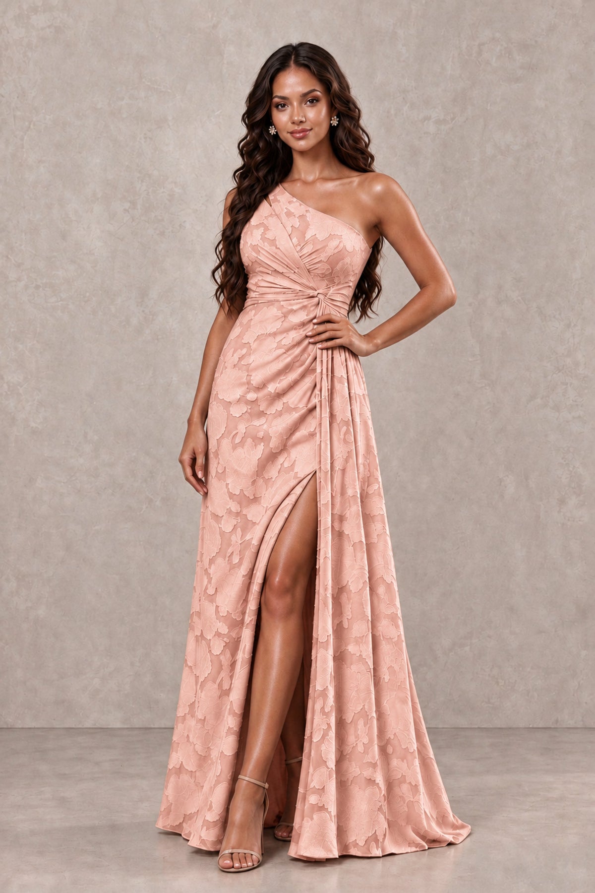 BOLODOO Rose Gold One-Shoulder Floral Textured Maxi Dress with High Slit - Rose Gold - Rose Gold_4