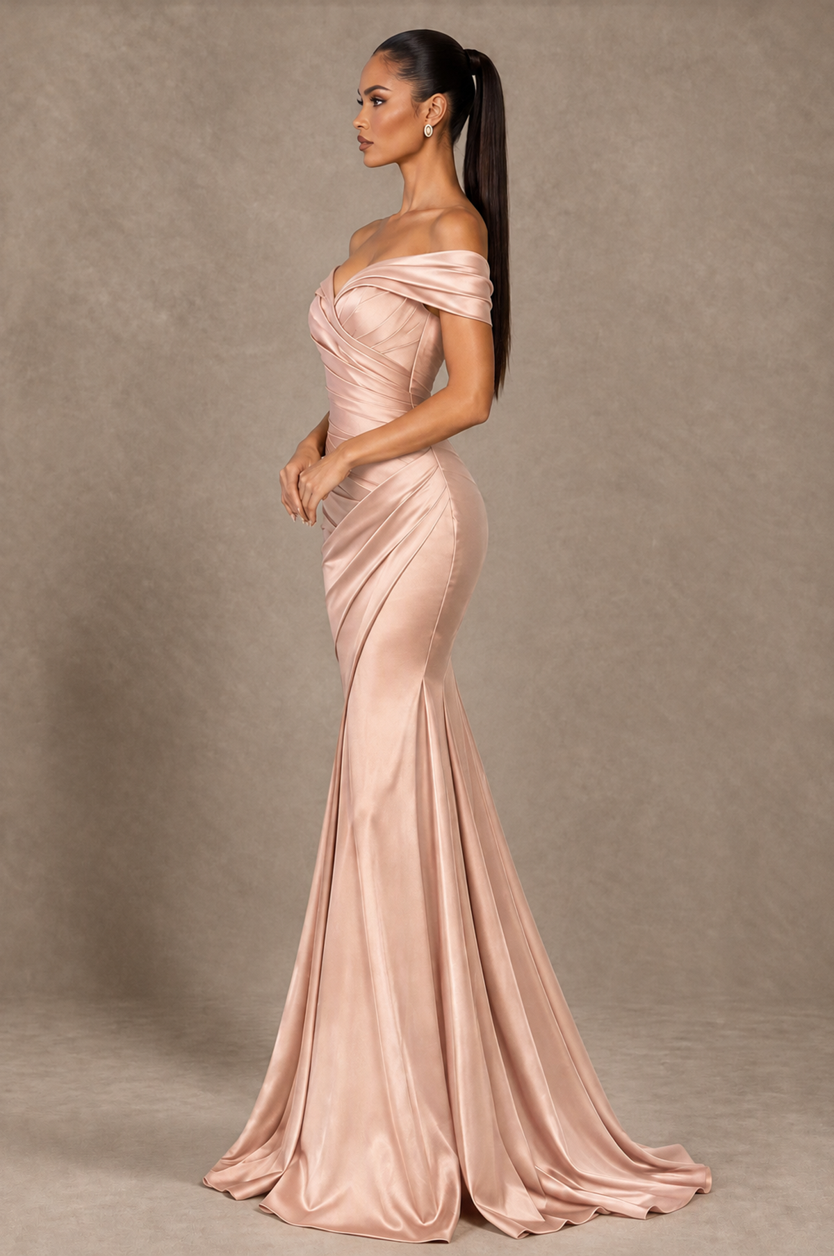 BOLODOO Rose Gold Off-the-Shoulder Ruched Satin Mermaid Evening Dress - Rose Gold - Rose_Gold_4