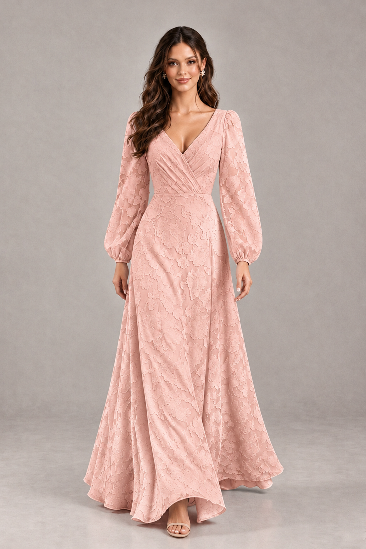 BOLODOO Rose Gold Long Sleeve V-Neck A-Line Mother of the Bride Dress - Rose Gold - Rose Gold_4