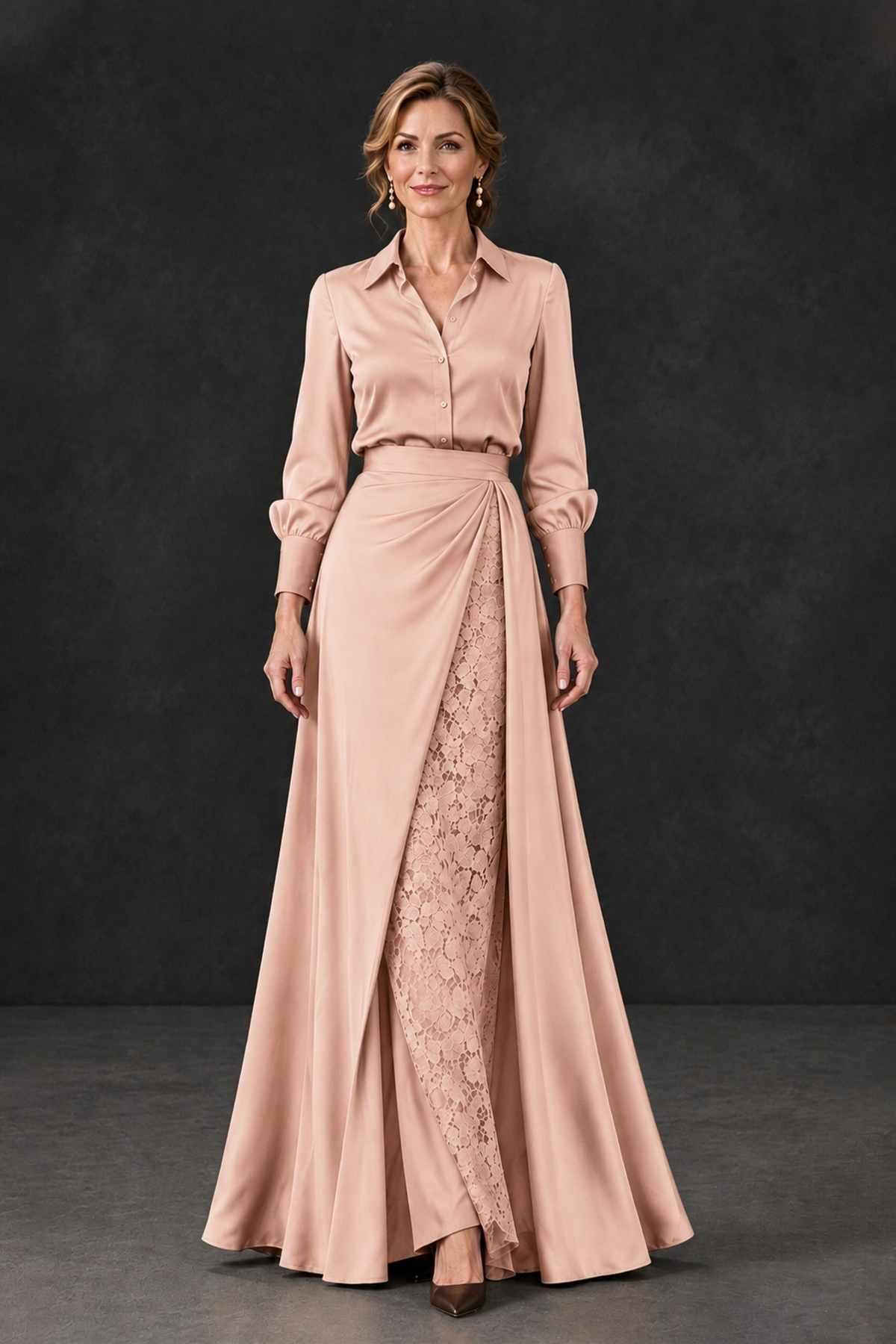 BOLODOO Rose Gold Long Sleeve Satin-Look Lace Panel Gown - Rose Gold - Rose Gold_4