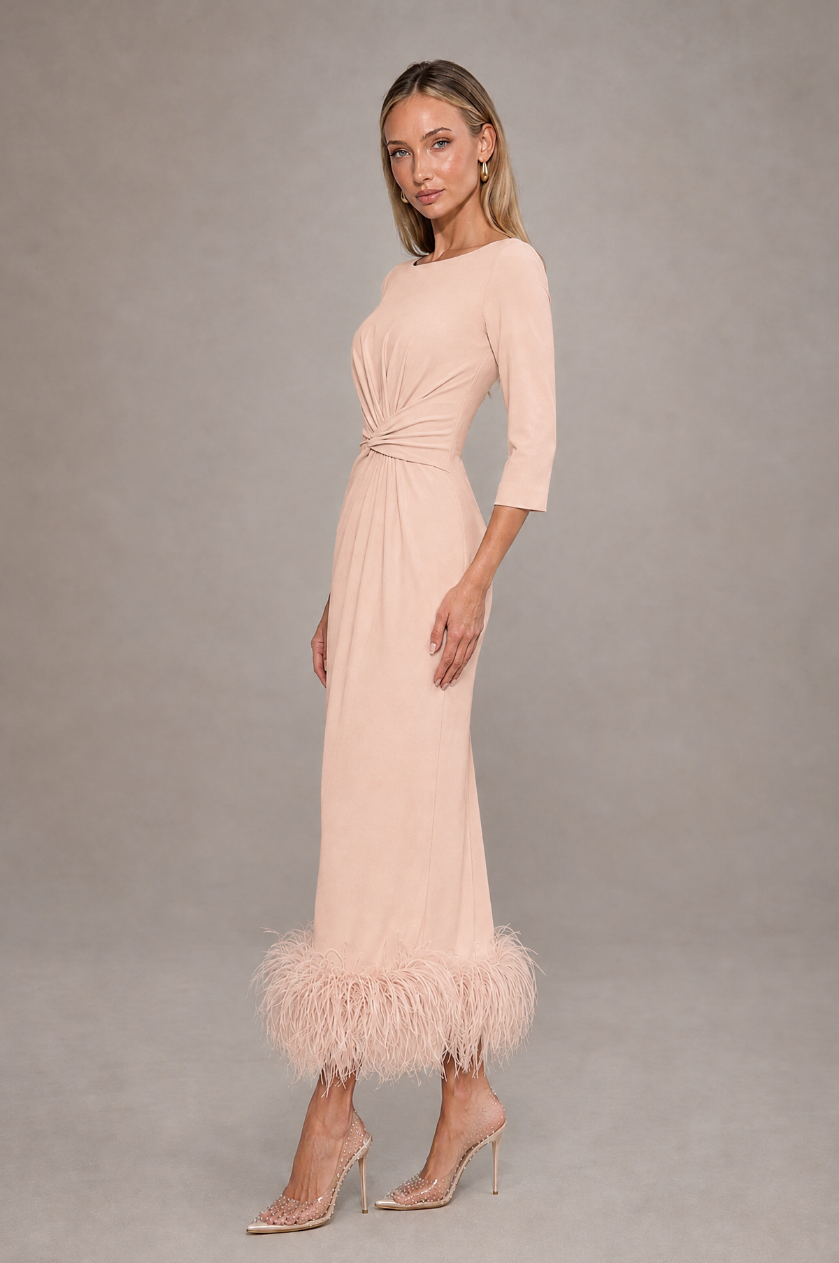 BOLODOO Rose Gold Feather-Trim Twist-Waist Midi Dress - Rose Gold - Rose_Gold_4